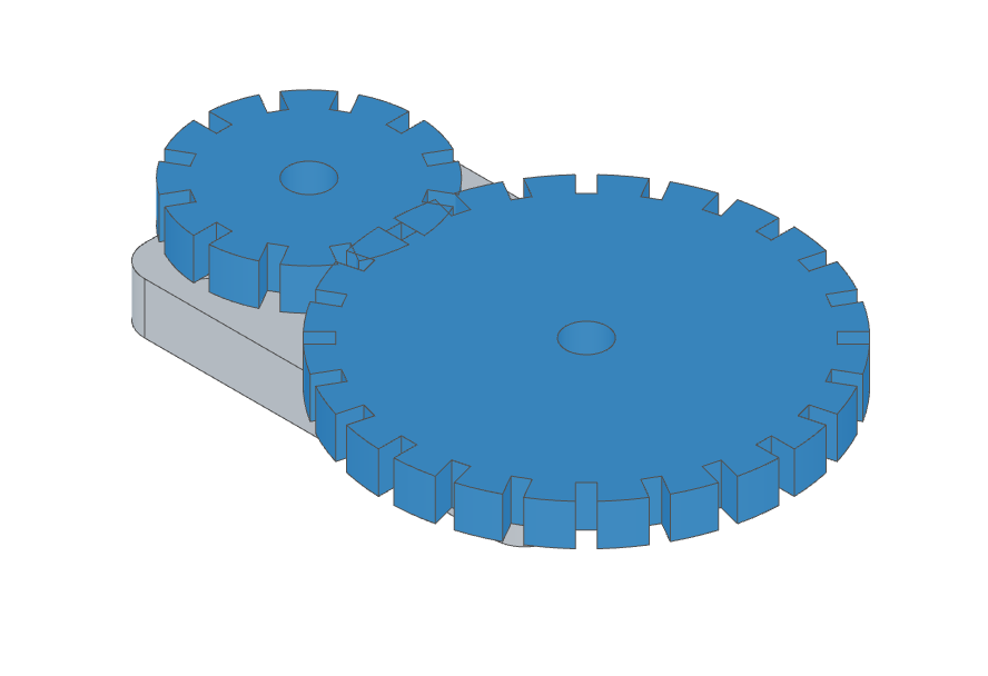 A 12-tooth pinion and a 24-tooth wheel on the base plate, coupled 2:1