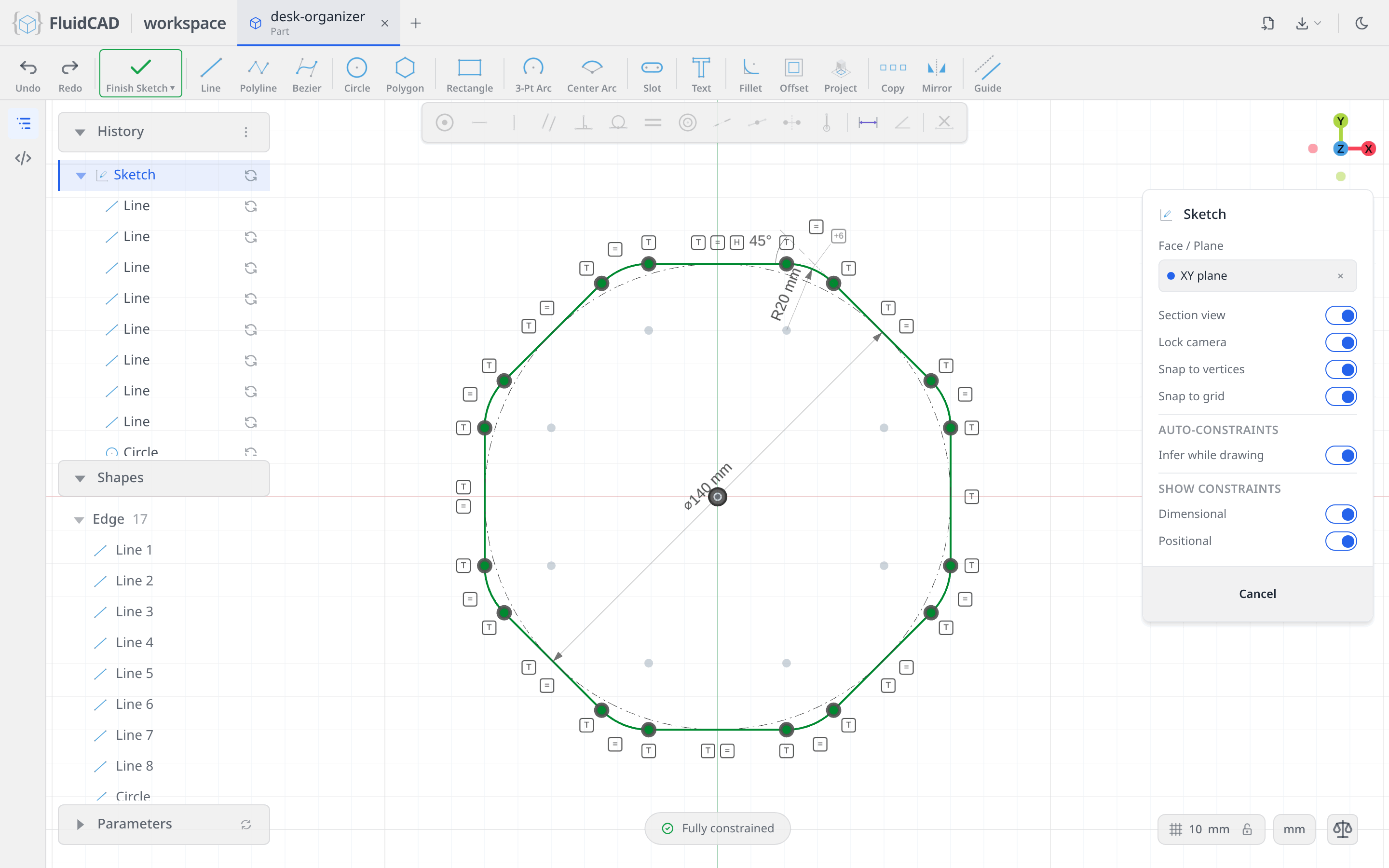 The finished octagon with eight tangent arcs