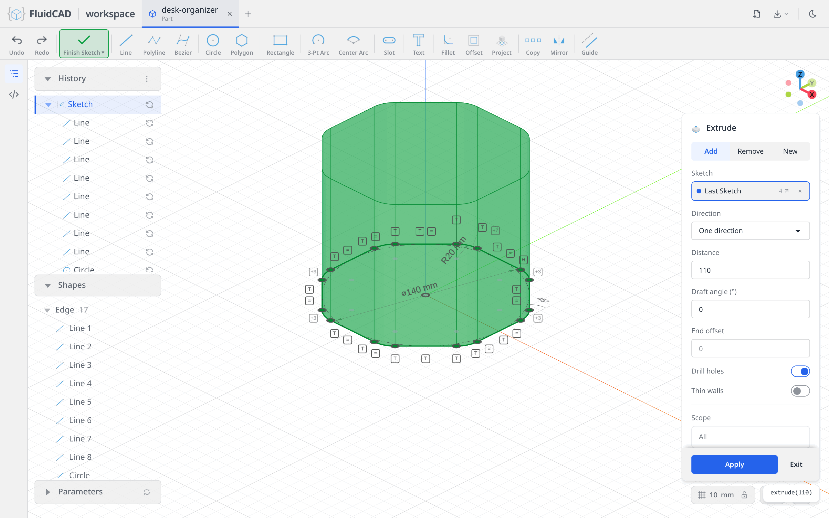 Extrude dialog with the 110 mm ghost preview