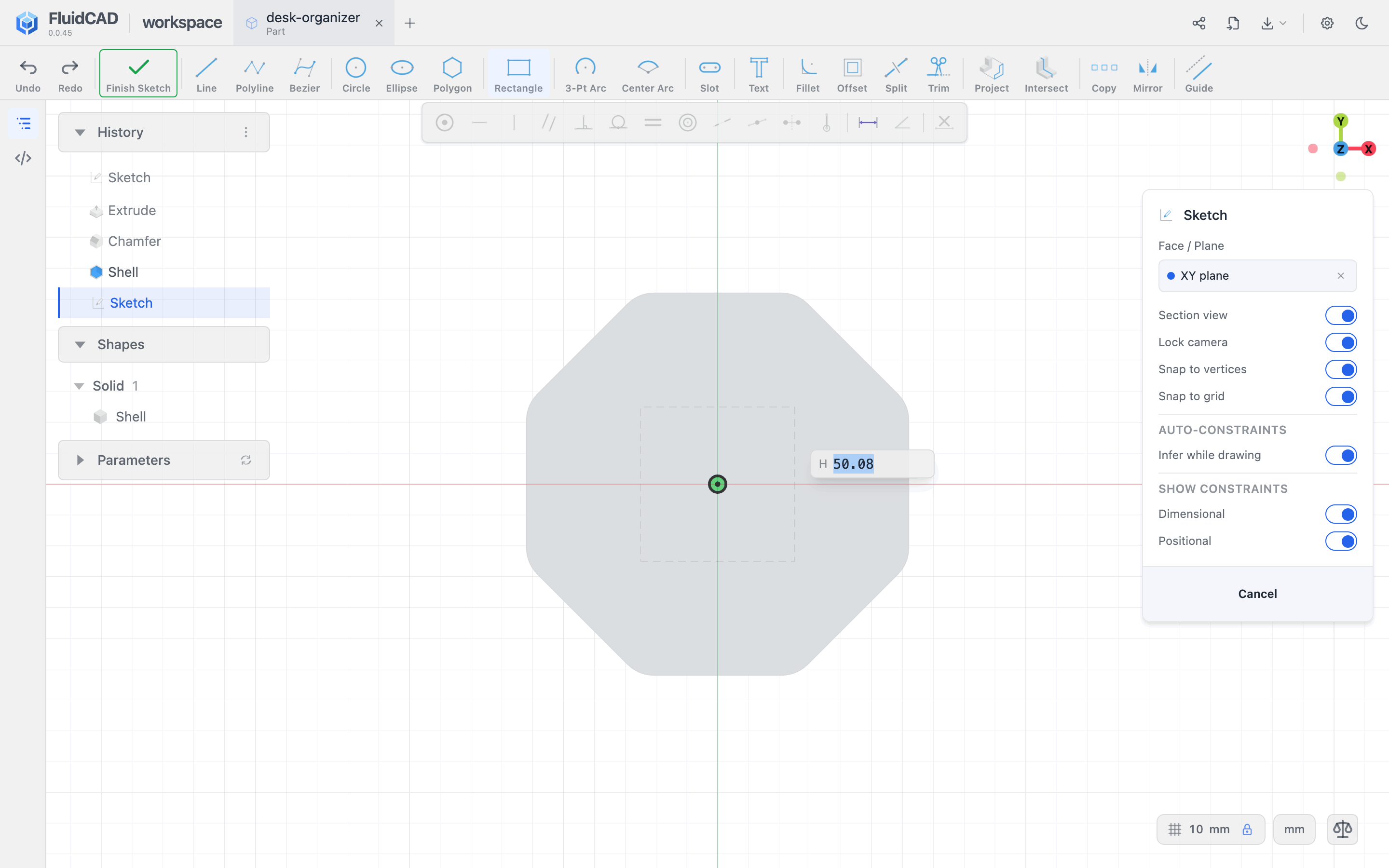 Centered Rectangle tool: the width is typed, the height comes next