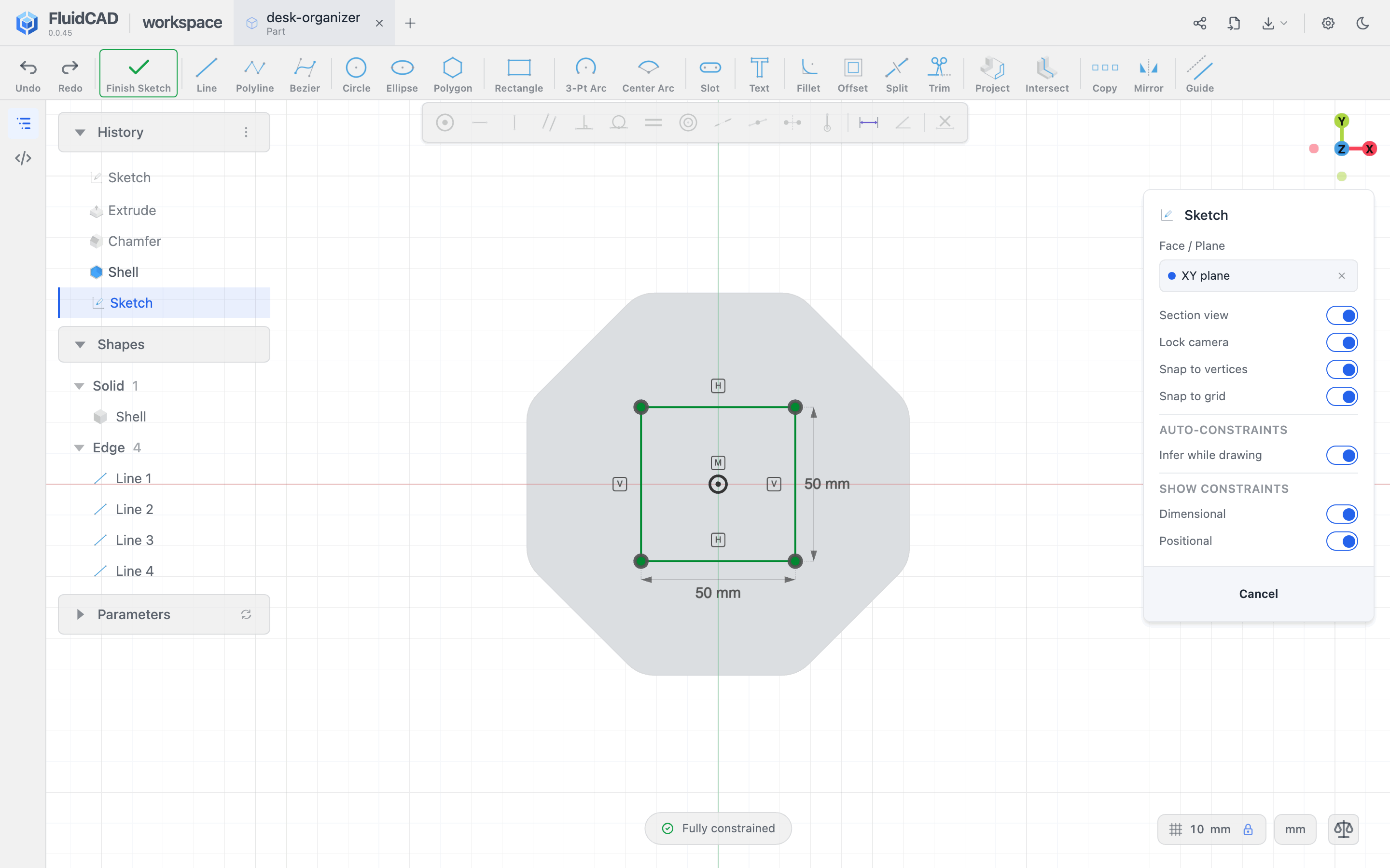 The 50 × 50 square centered on the origin by a midpoint constraint