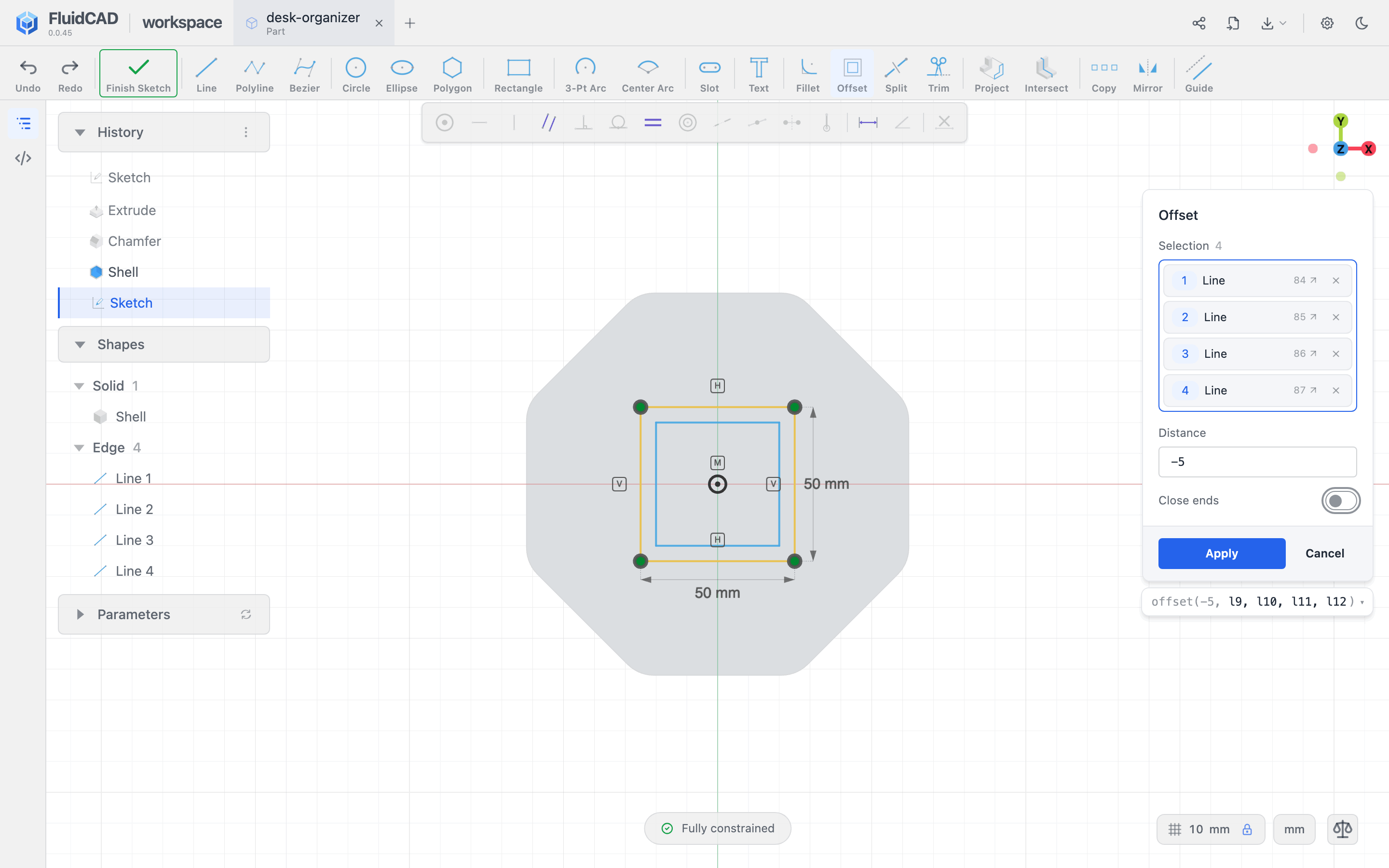 Offset dialog with the four sides picked and the -5 mm inner loop preview