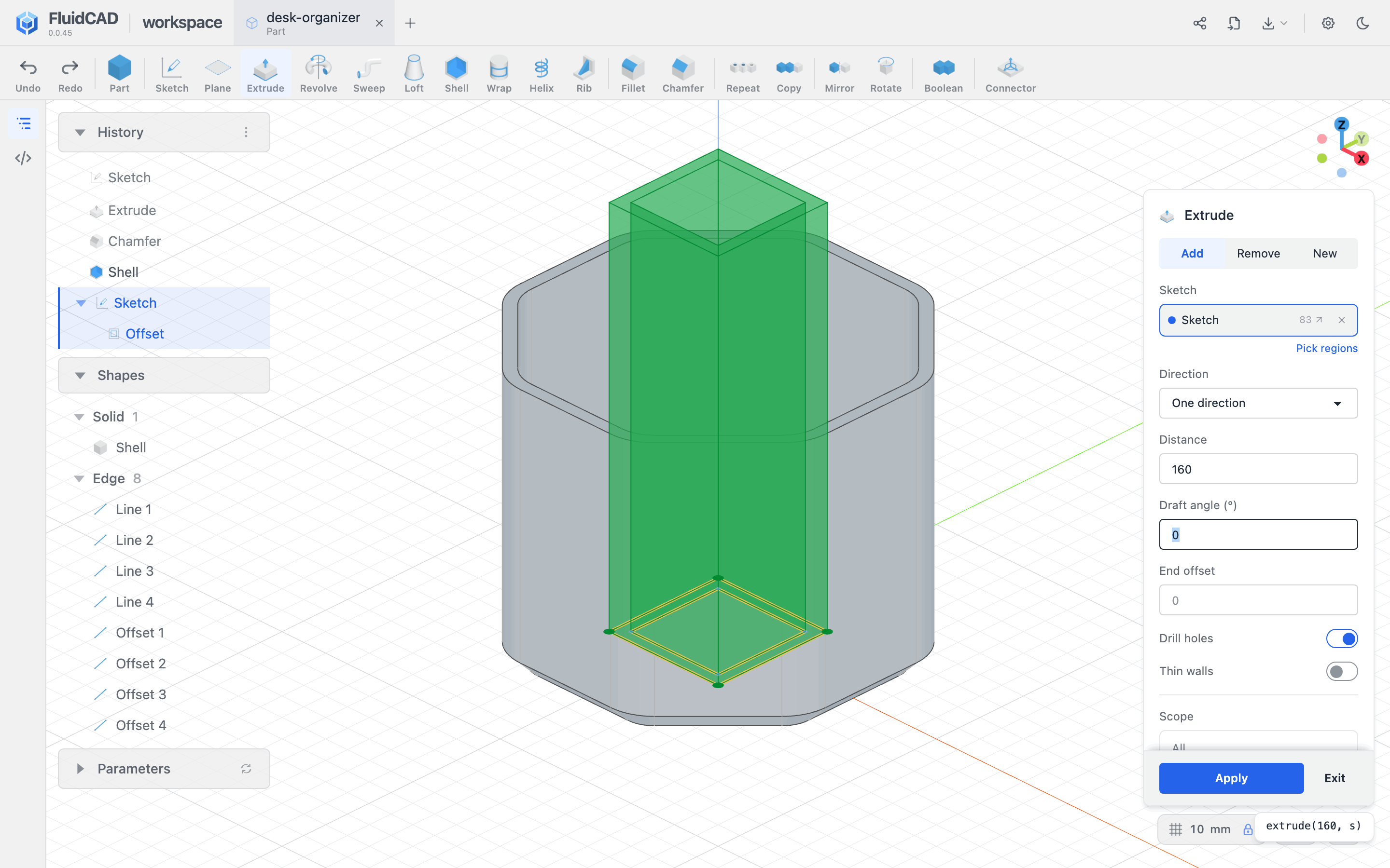 Extrude dialog with the 160 mm column preview