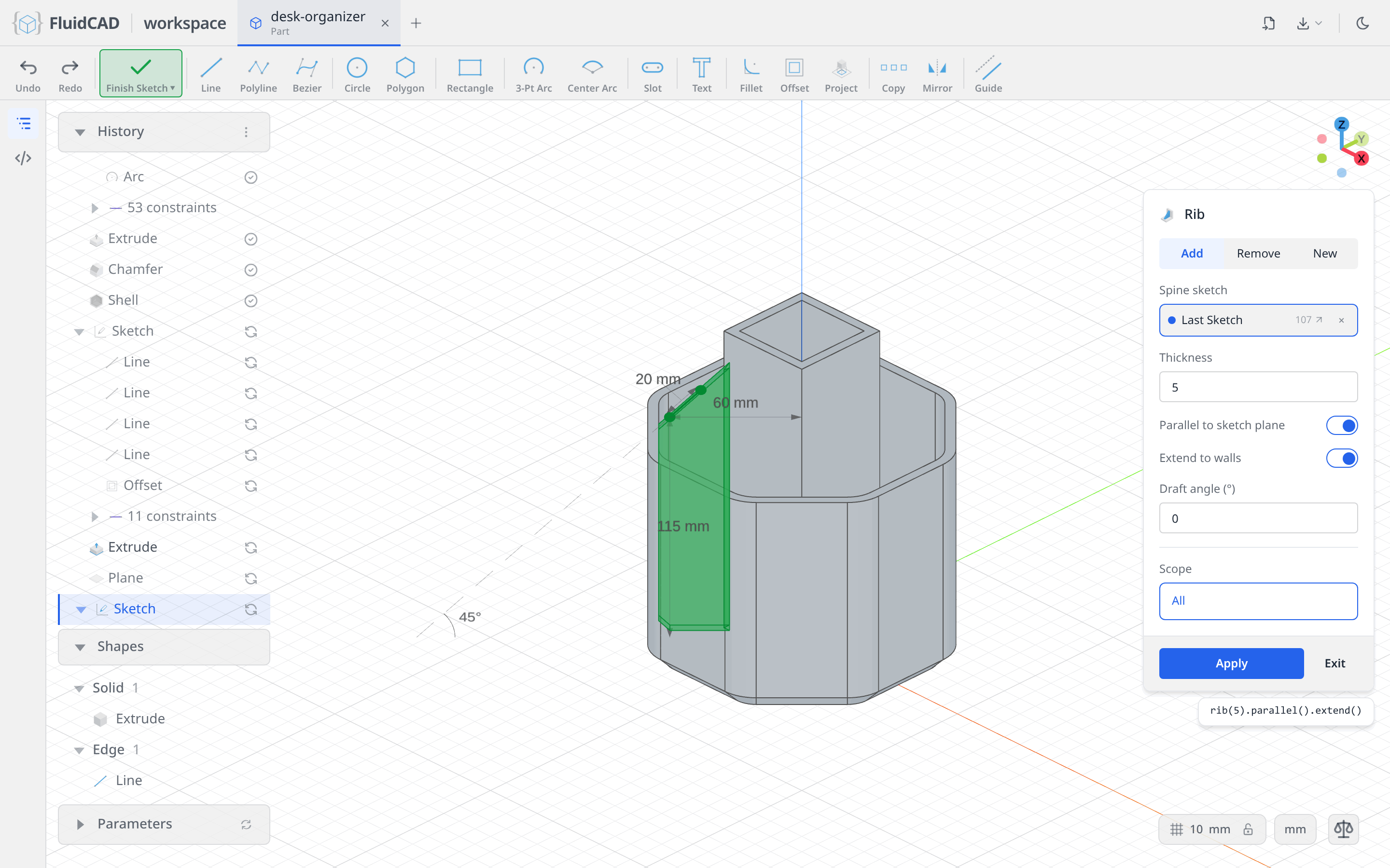 Rib dialog with the parallel, extended rib preview