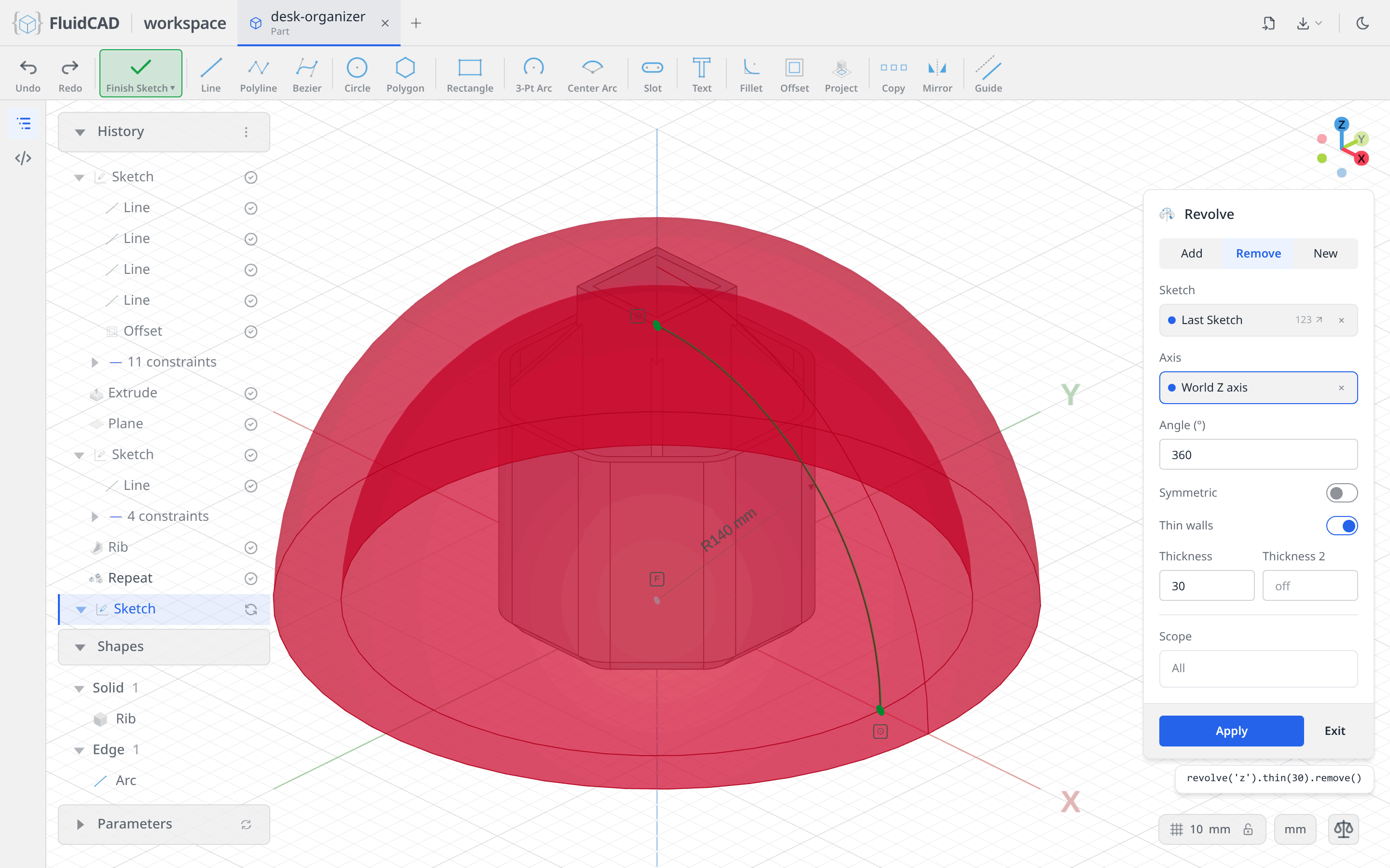 Revolve dialog with the thin, removed hemisphere preview