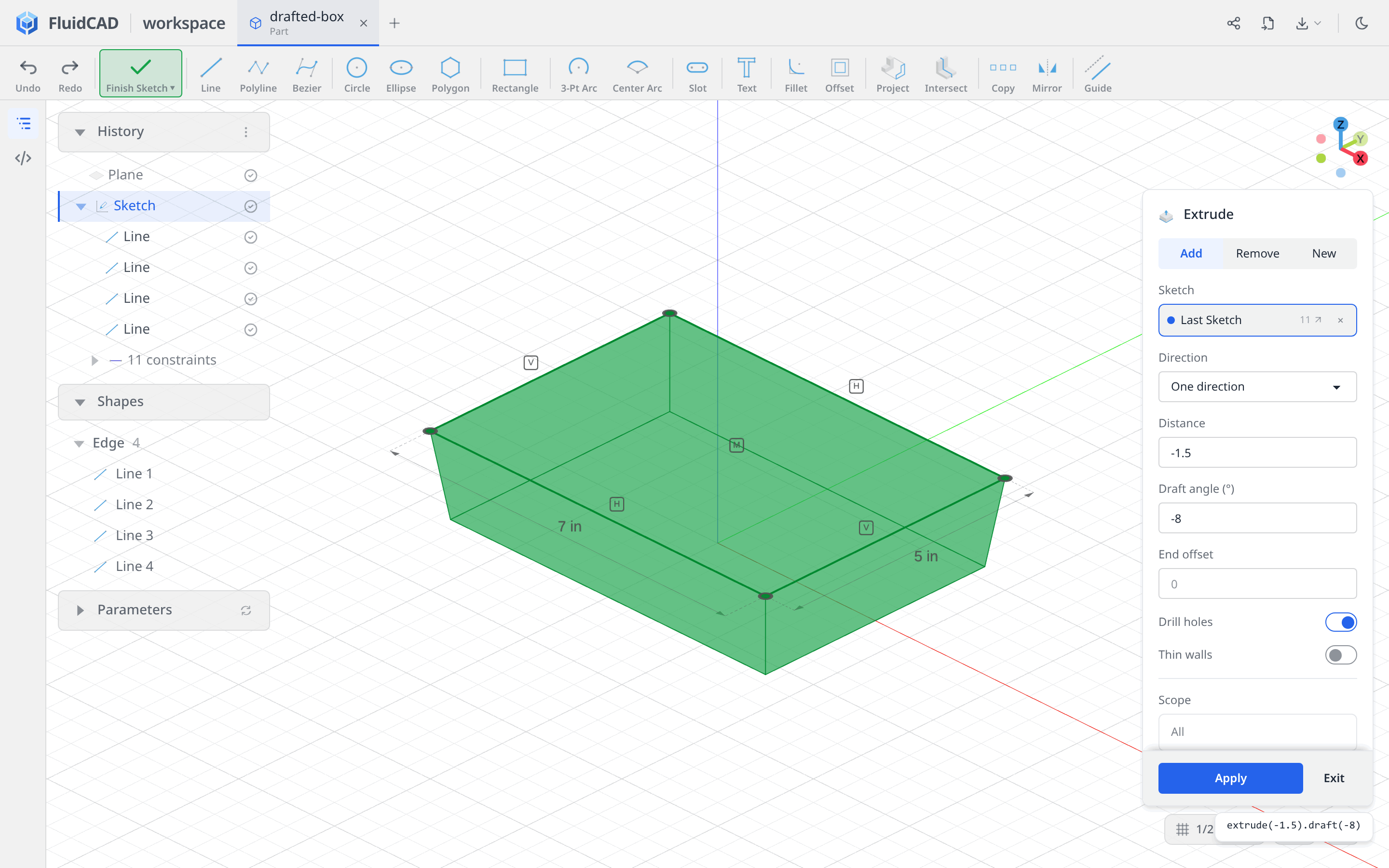 Drafted base extrusion preview