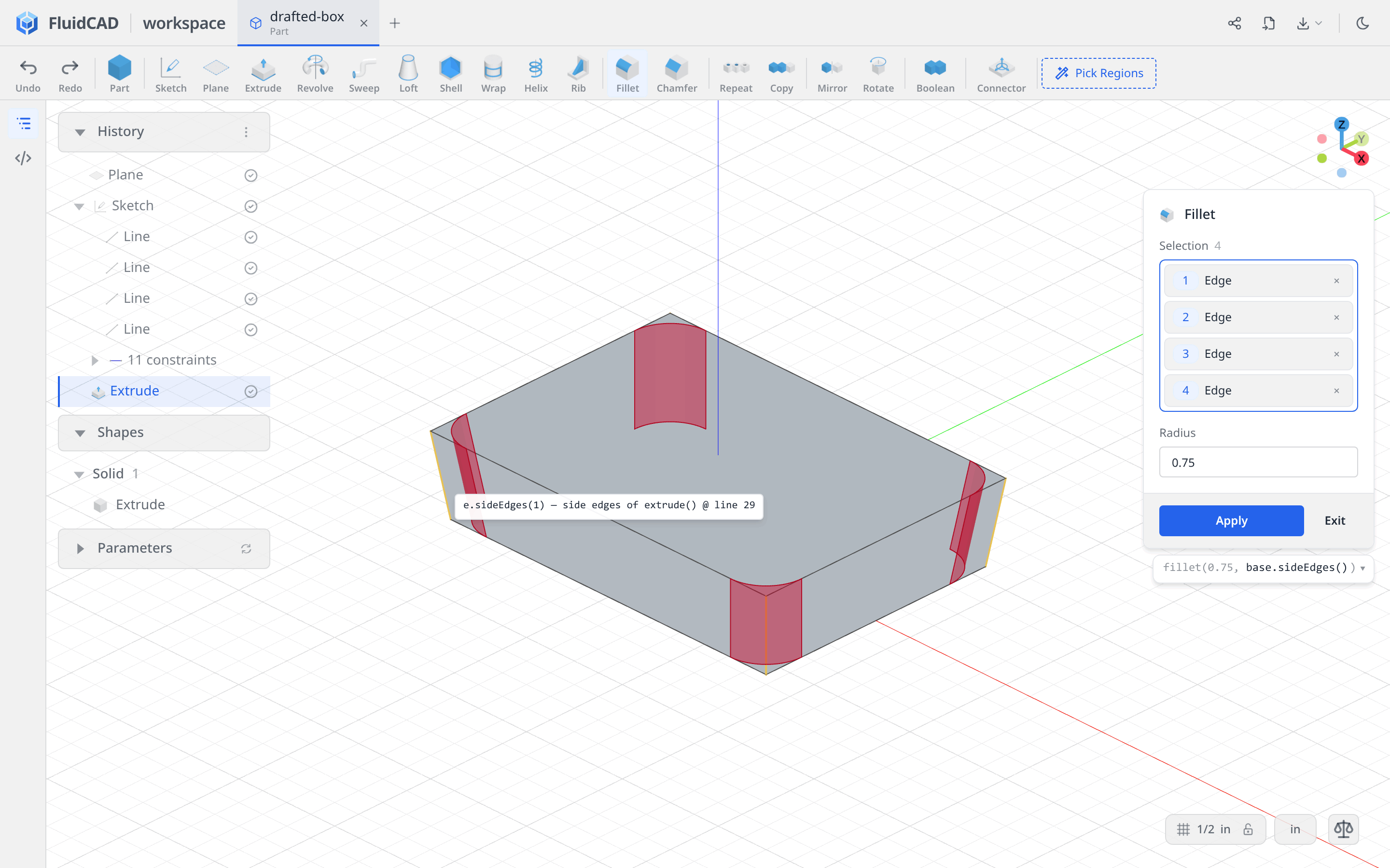 Fillet preview on the four drafted corner edges