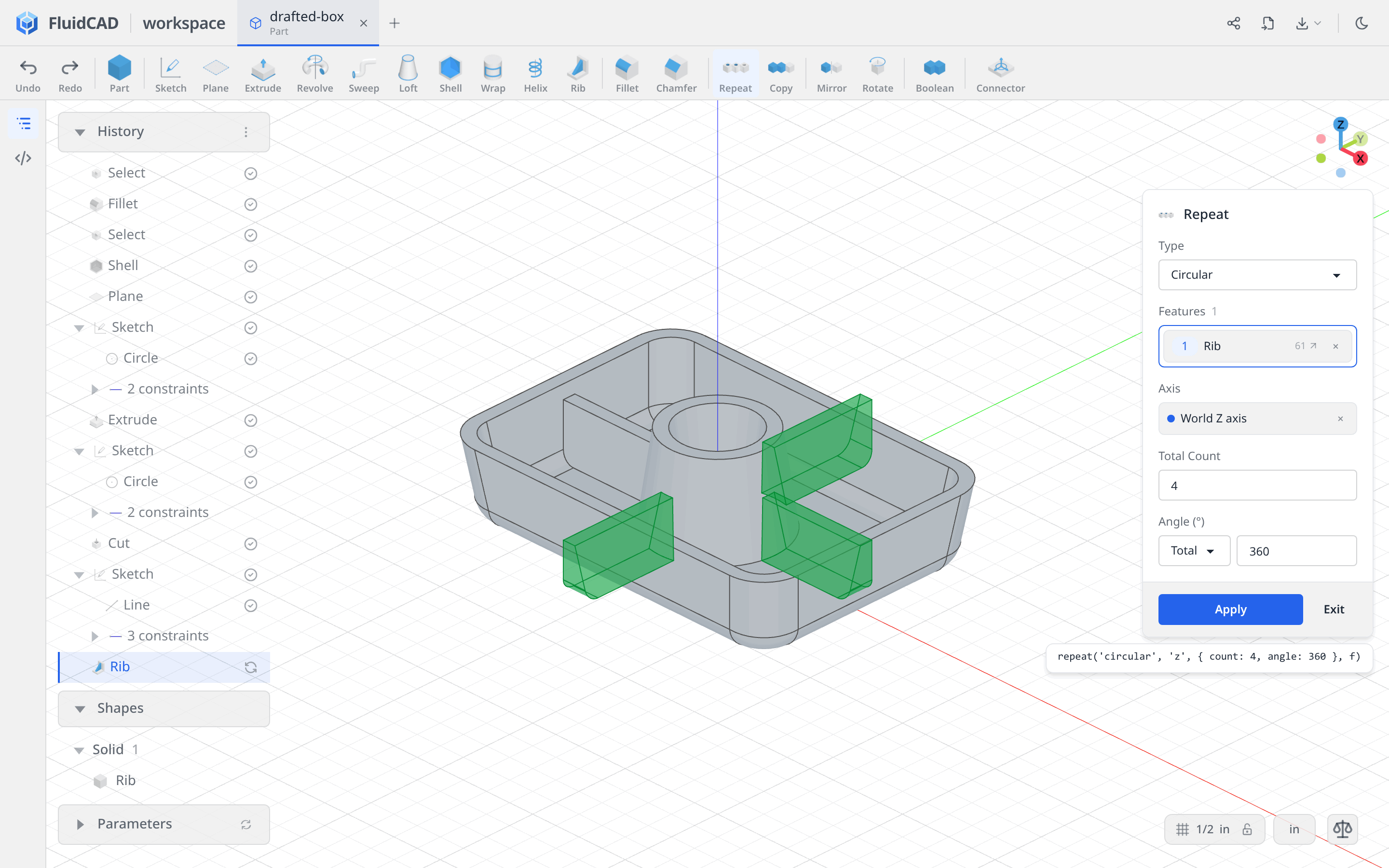 Circular repeat preview with four total ribs around World Z