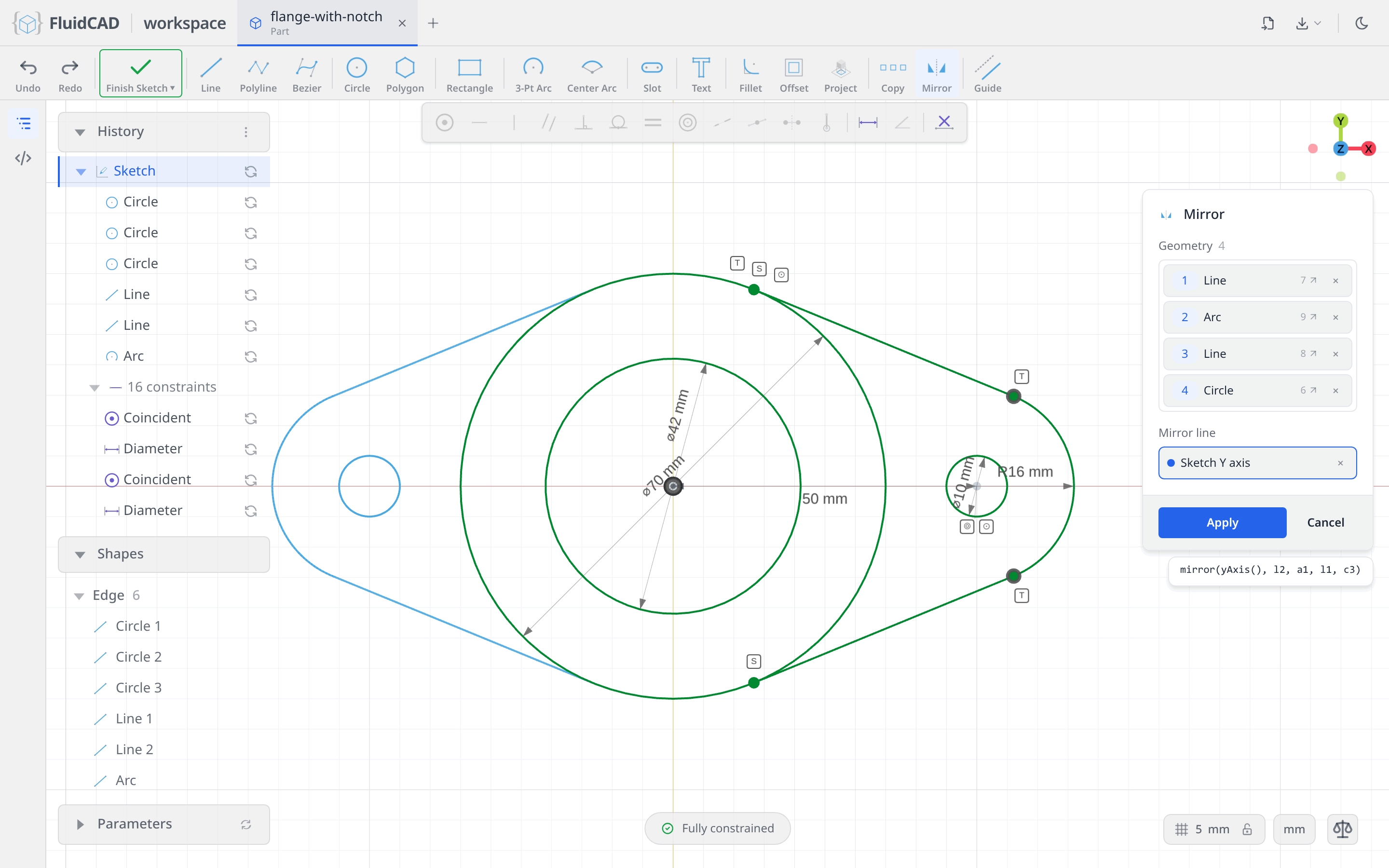 The 2D Mirror tool with the mirrored tab preview