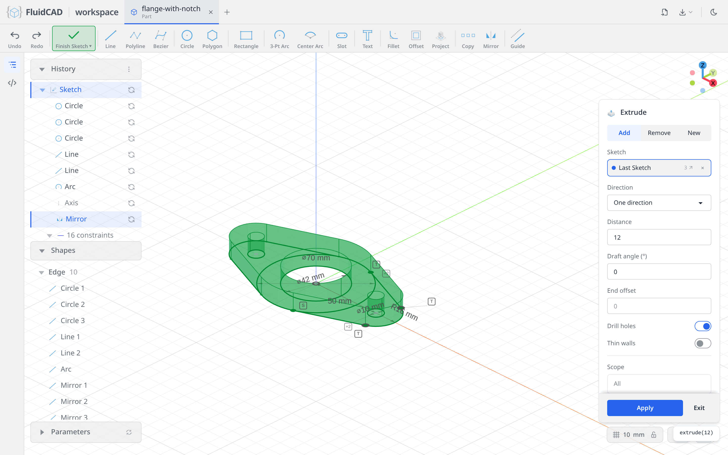 Extrude dialog with the 12 mm ghost preview