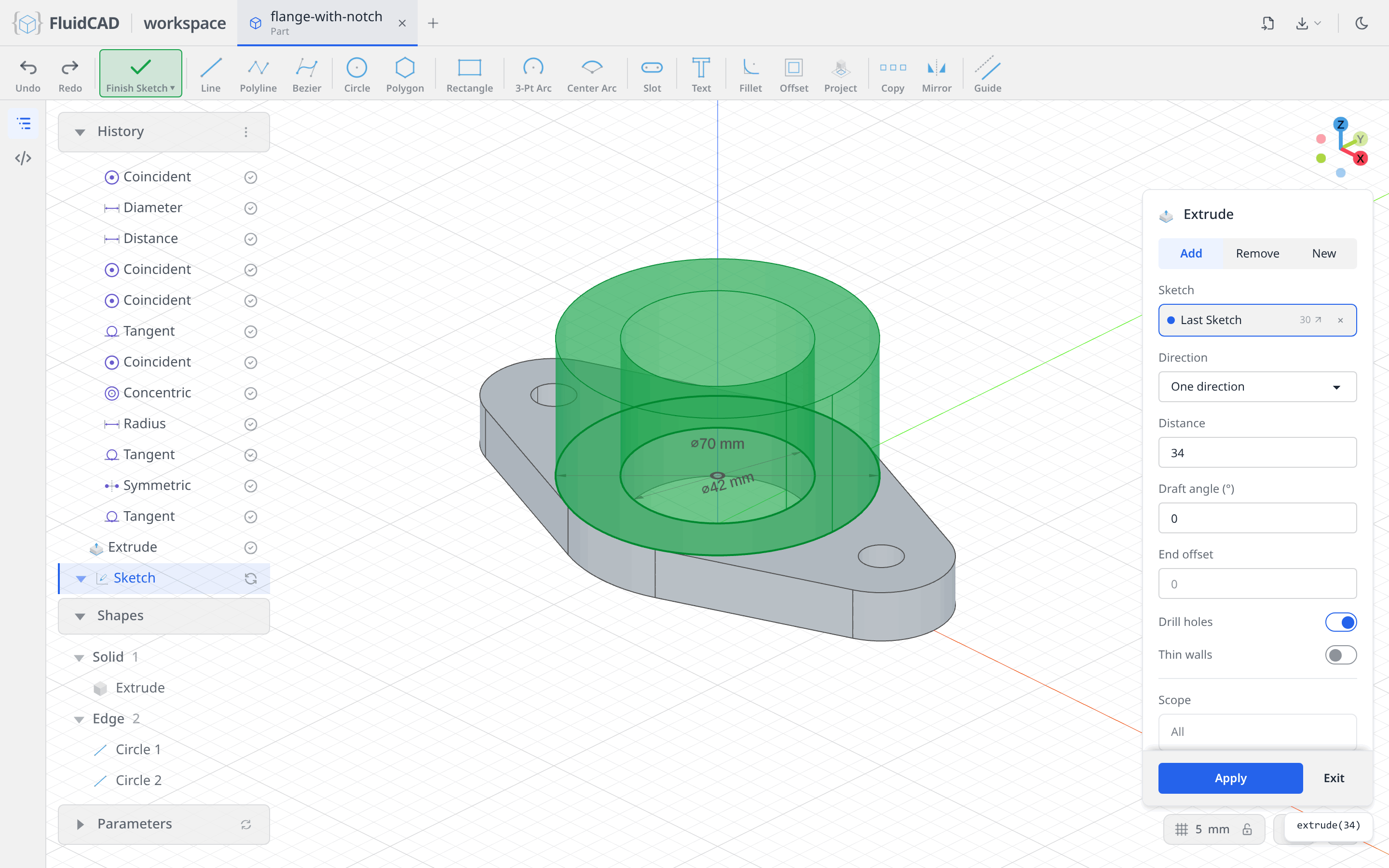 Extrude dialog with the 34 mm pipe ghost