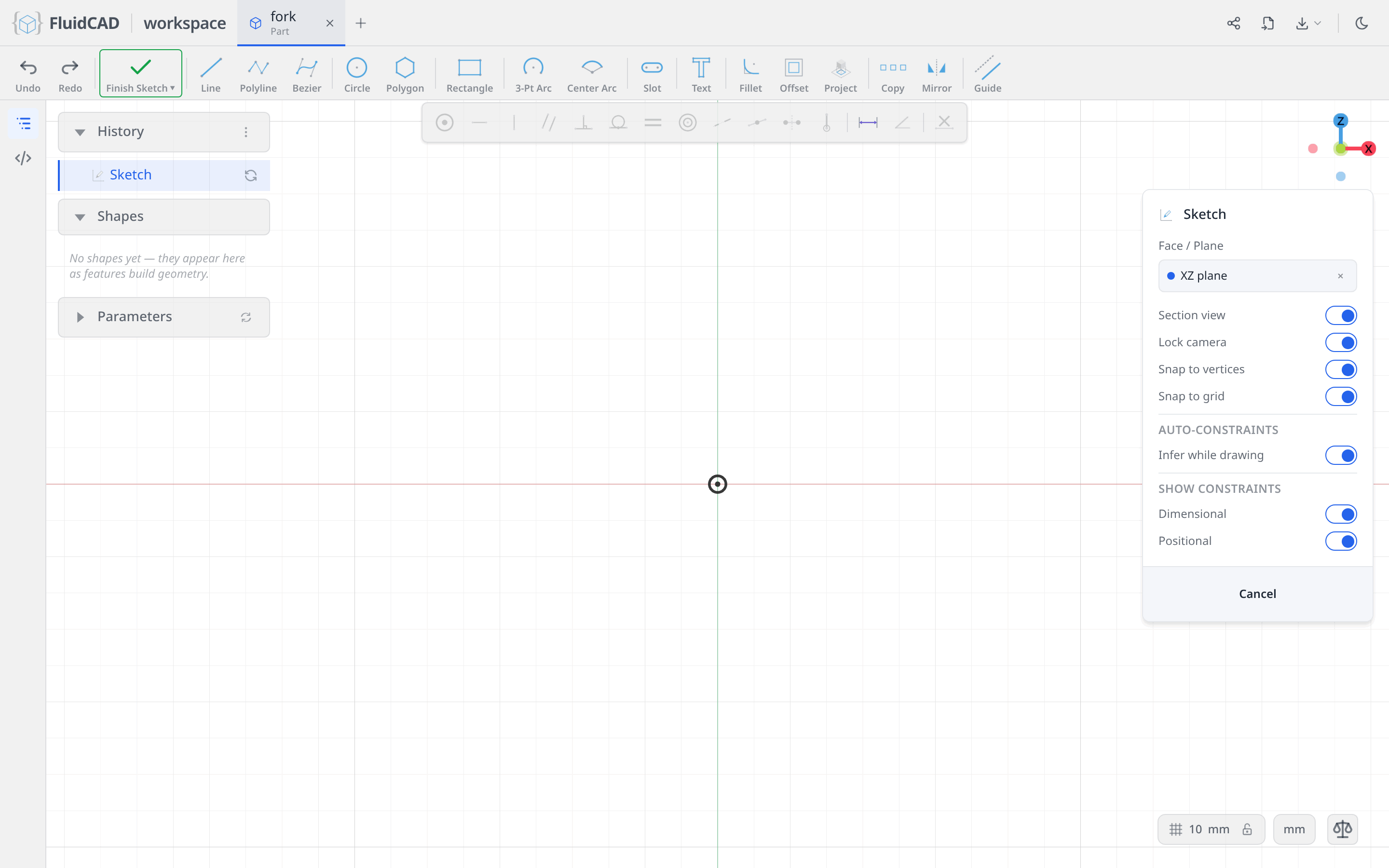 An empty sketch on the XZ plane