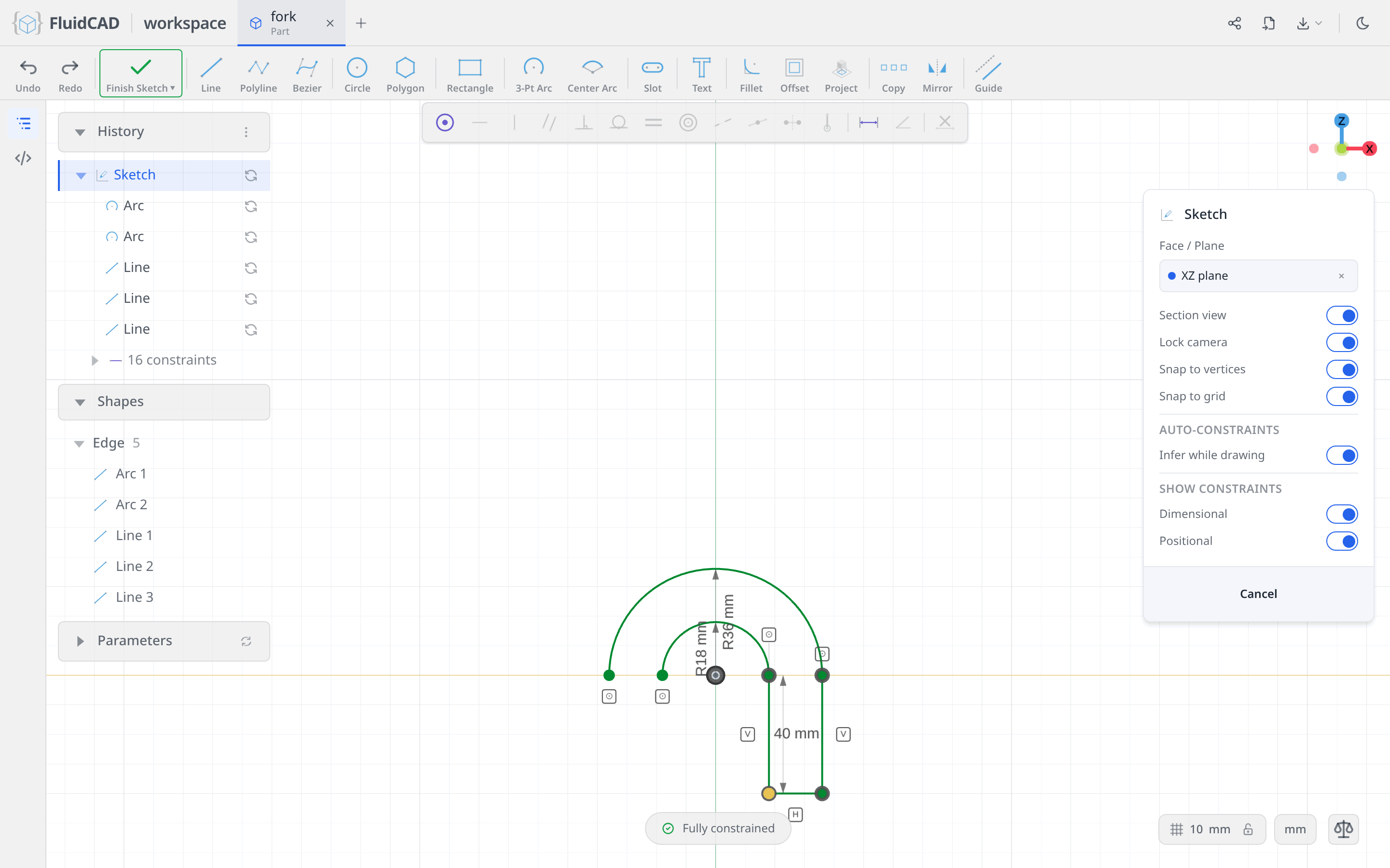 The right leg, dimensioned 40 deep from the horizontal axis