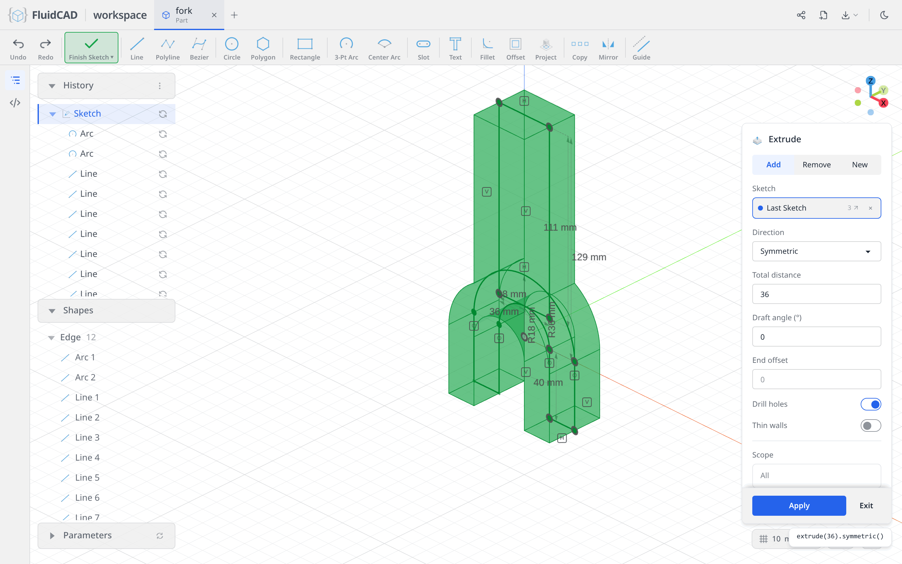 Extrude dialog with the symmetric 36 ghost