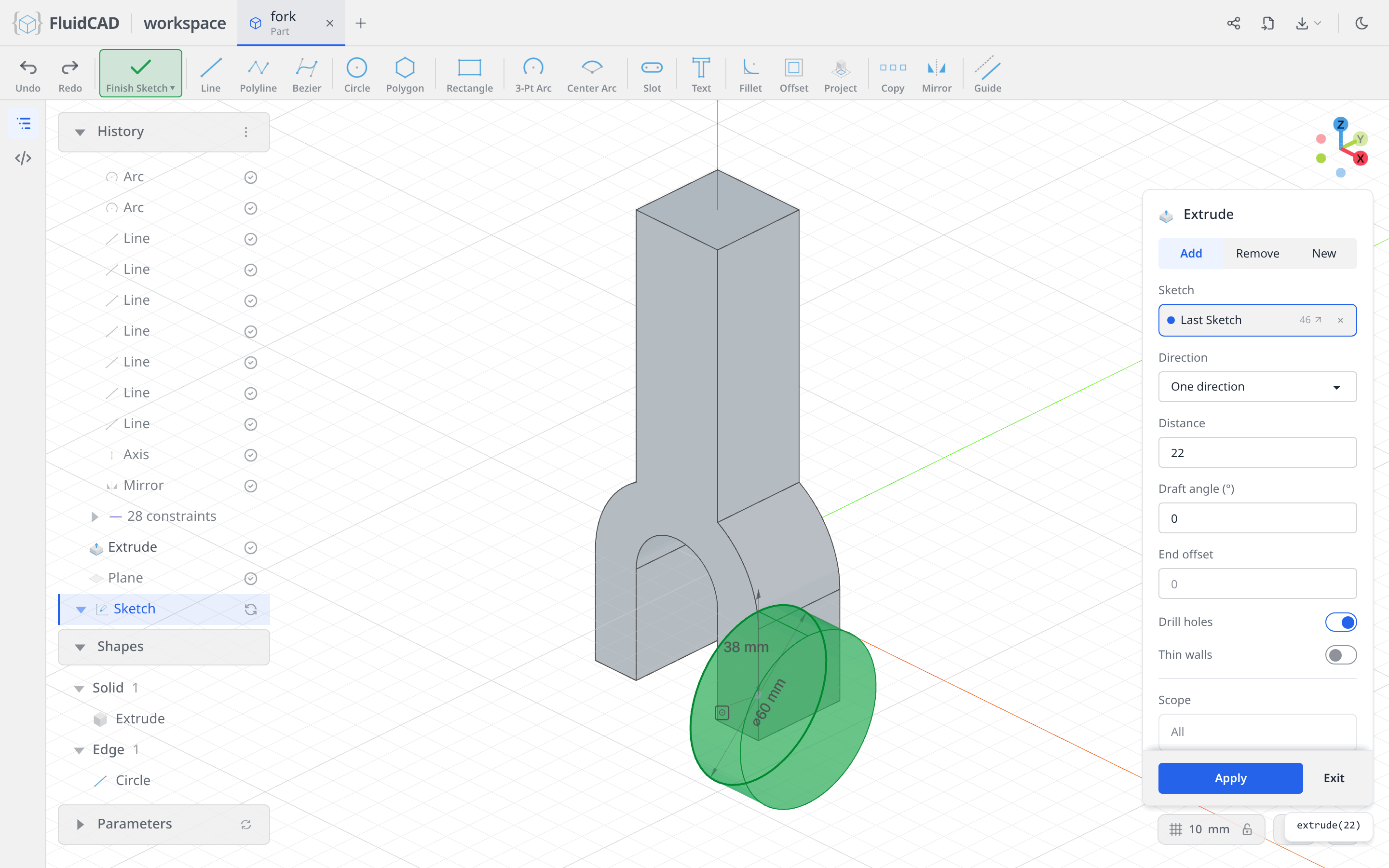 Extrude dialog with the boss ghost