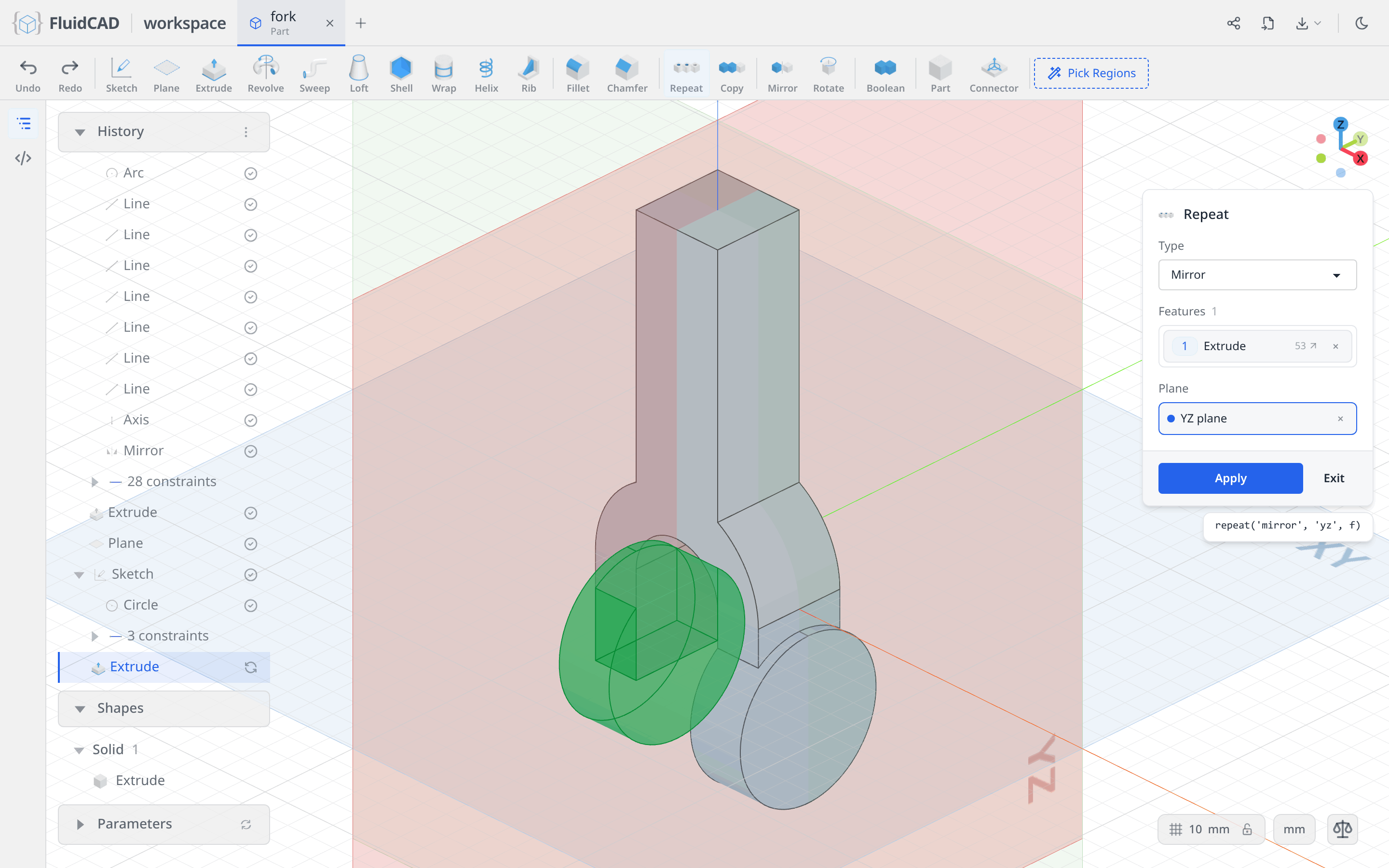 Repeat mirroring the boss across the YZ plane