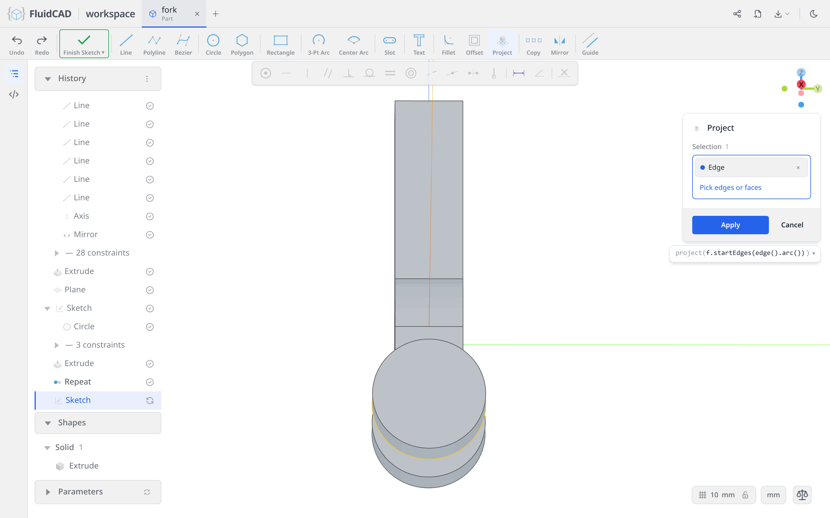 The Project tool with the boss rim picked
