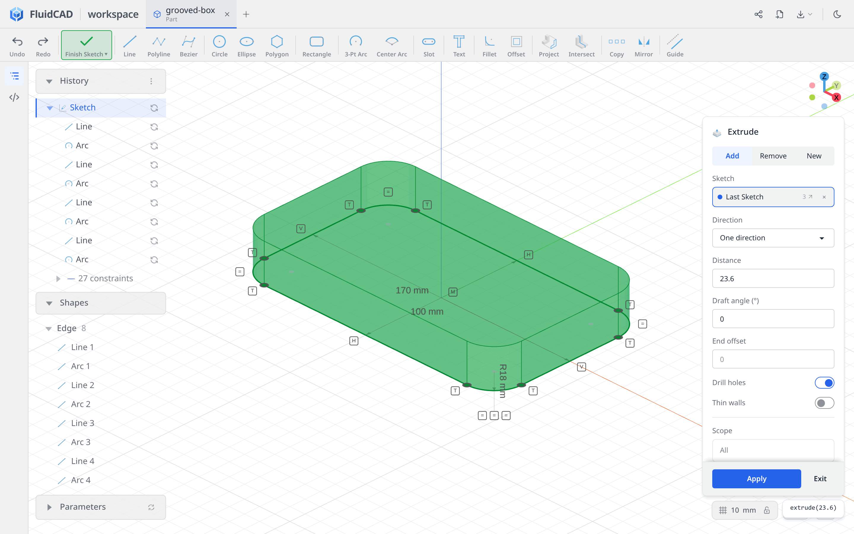 Extrude preview at 23.6 millimeters