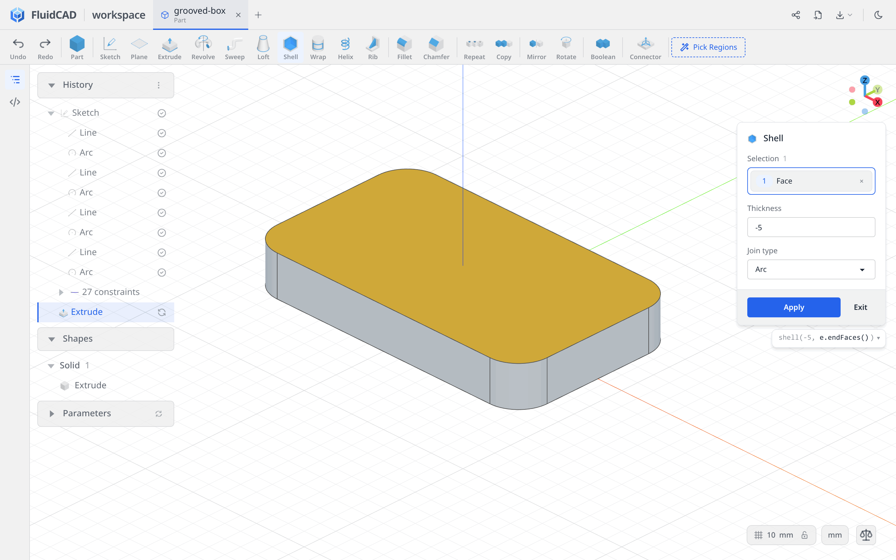 Shell with the top face selected and thickness minus 5