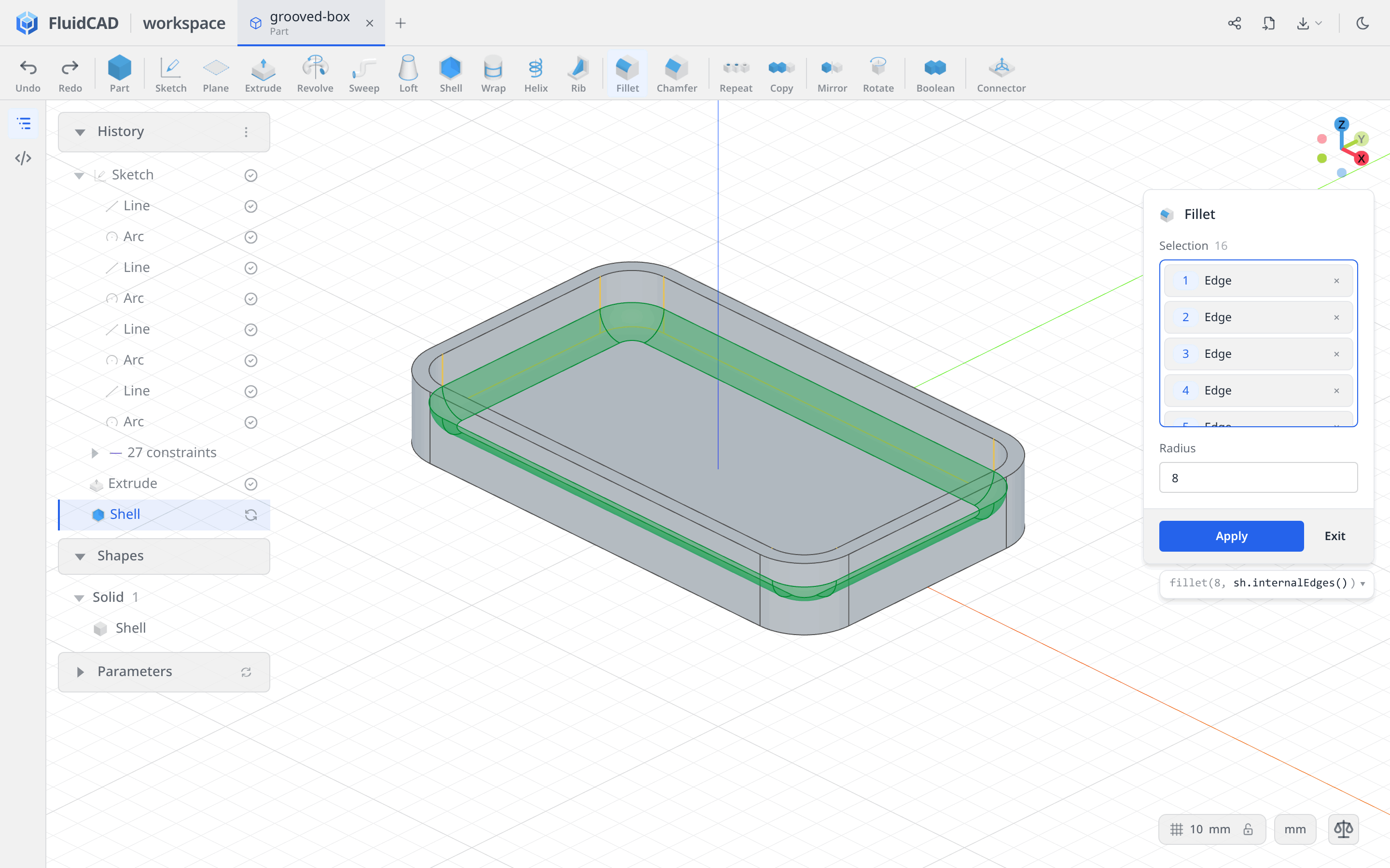 Fillet preview on the shell's internal edges