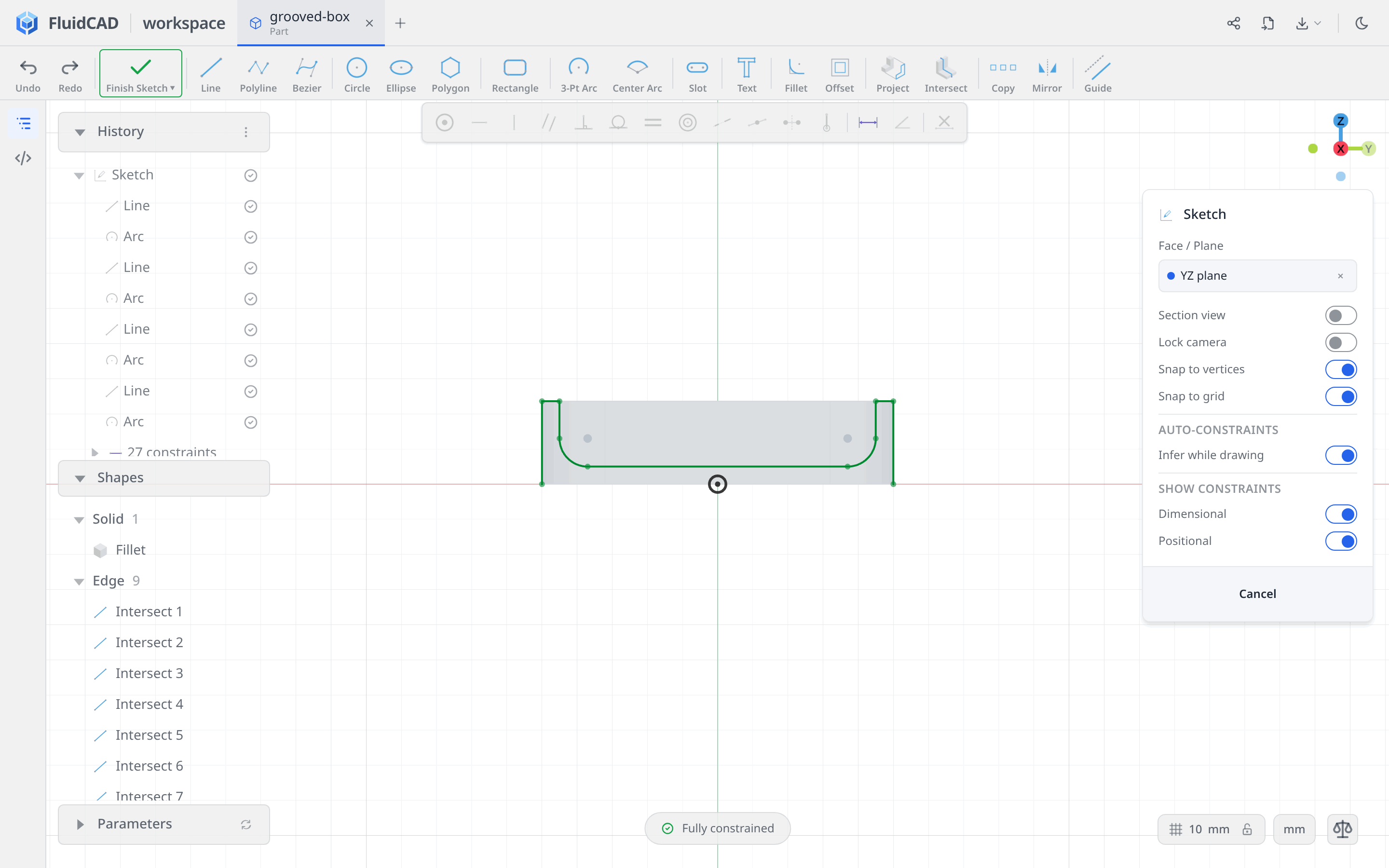 The YZ groove profile with open ends at the underside