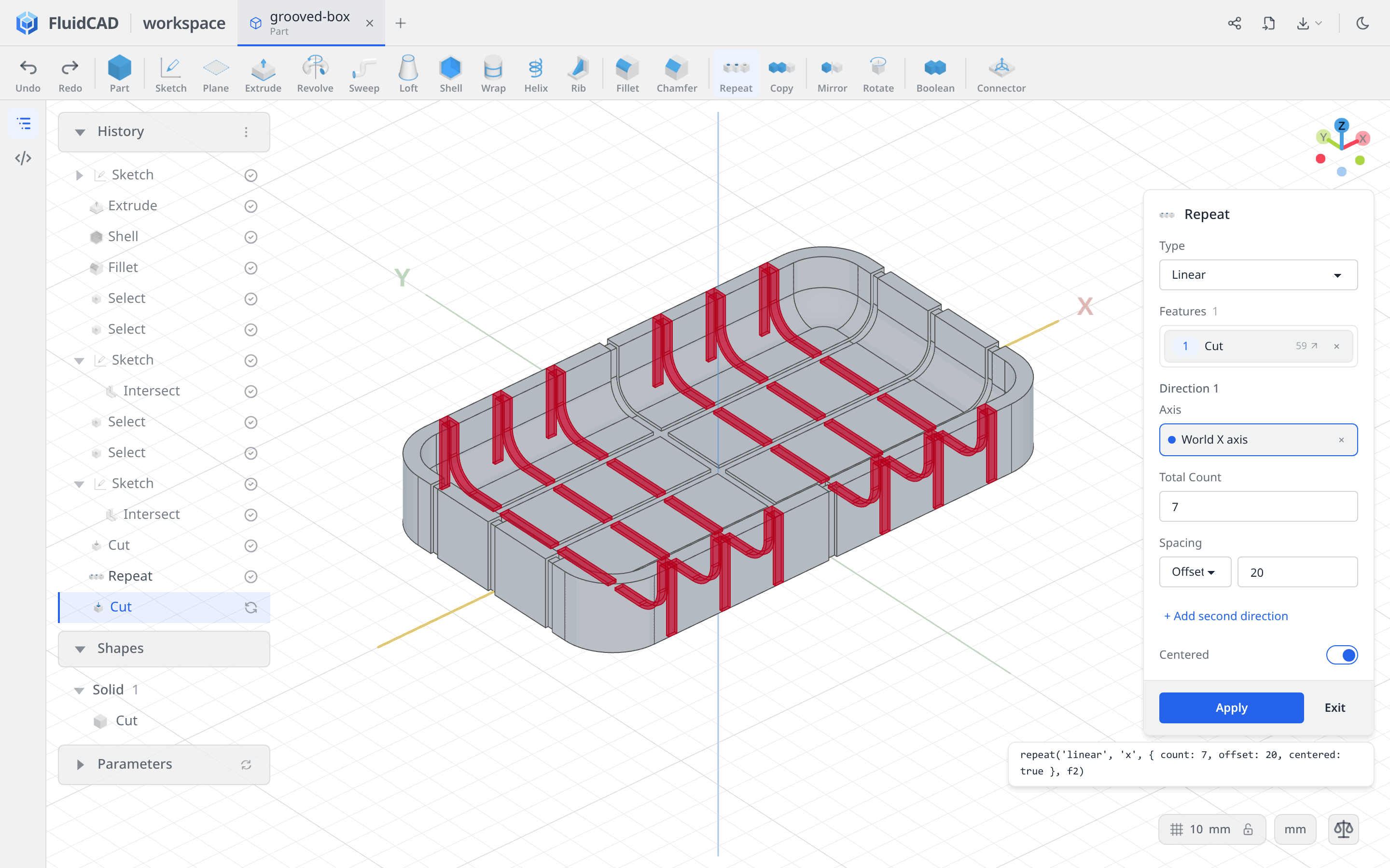 Seven centered crossing grooves with 20 millimeter spacing