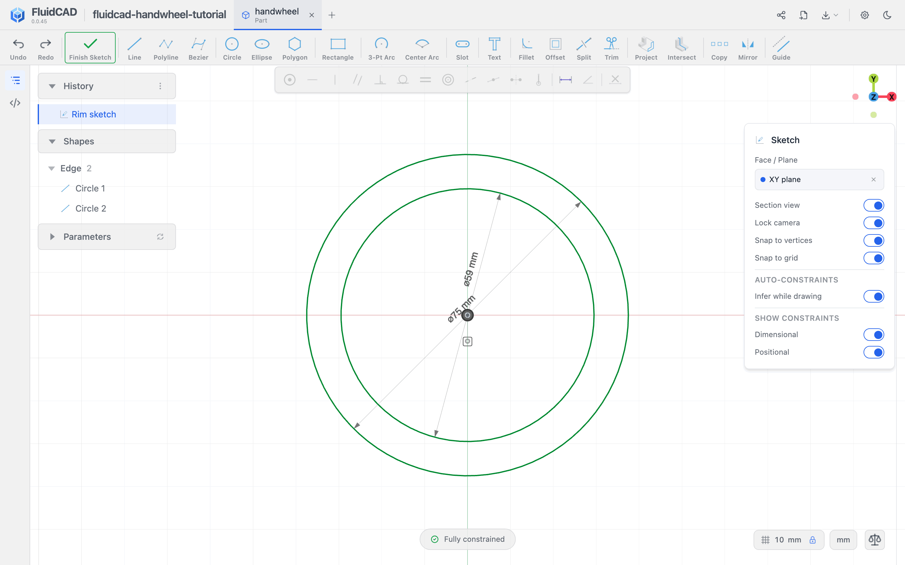 Two dimensioned concentric circles in the full workspace, with the Fully constrained pill