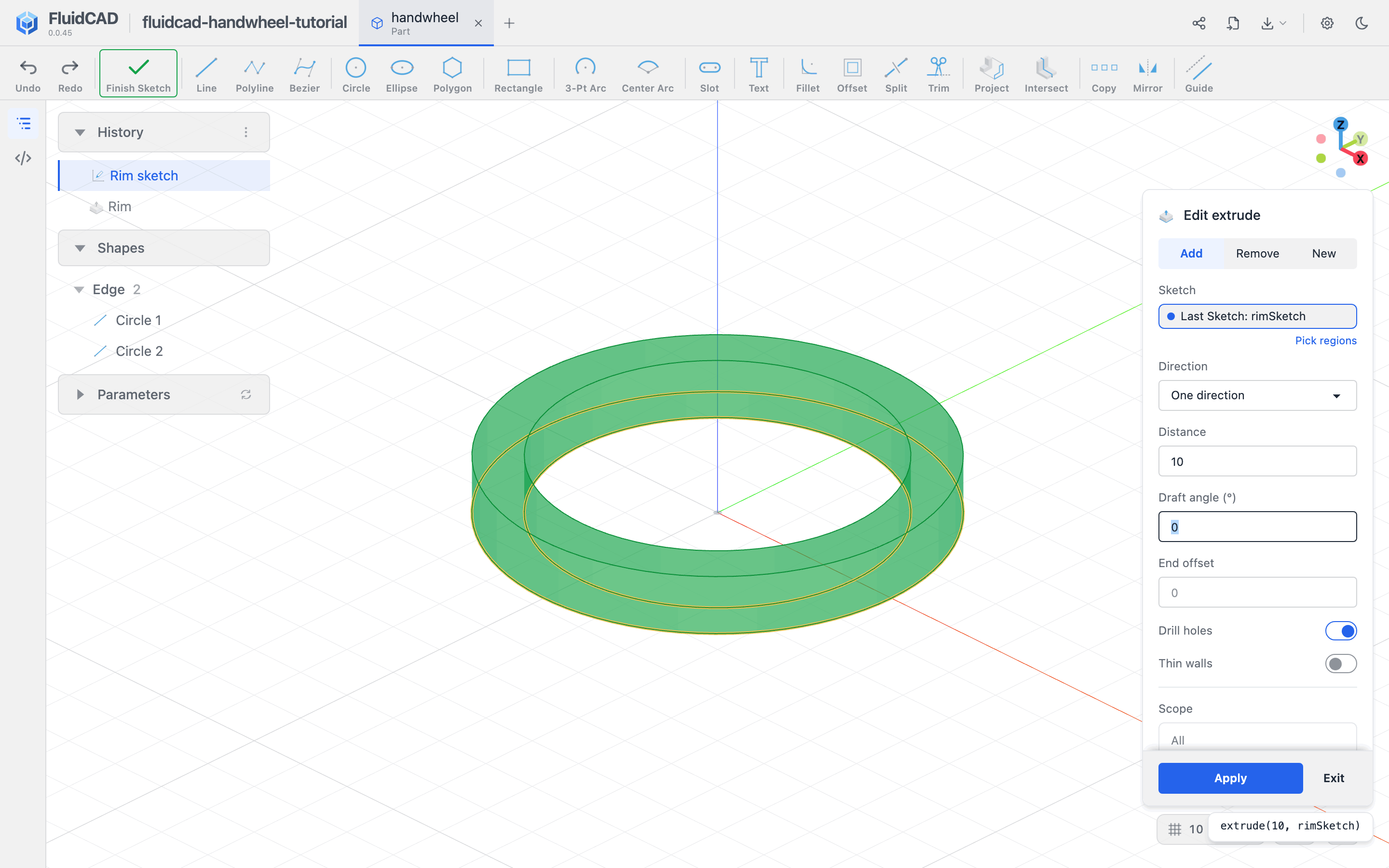 Extrude dialog with a 10 mm annular preview