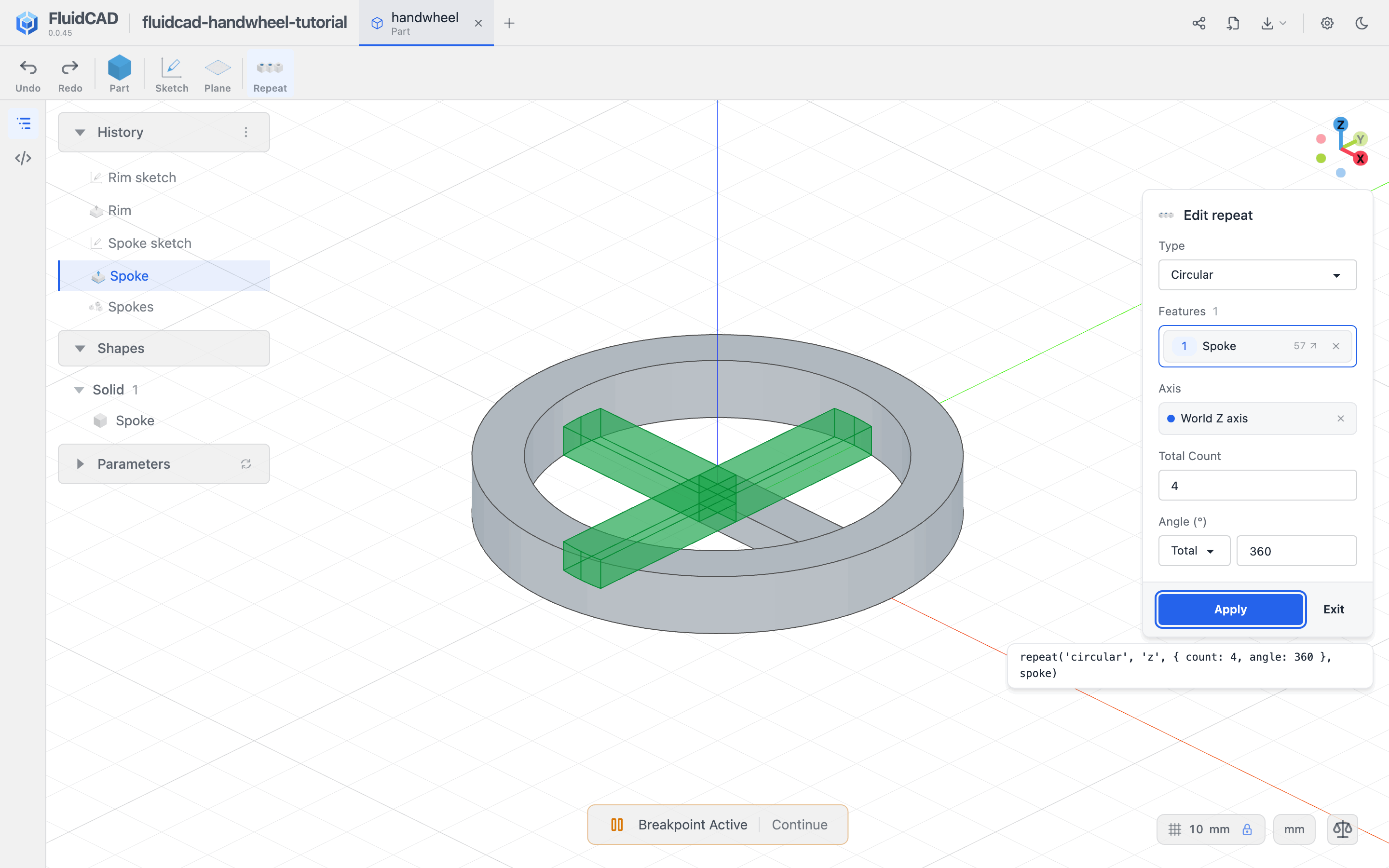 Circular Repeat dialog with the Spoke feature, Z axis, and four total instances