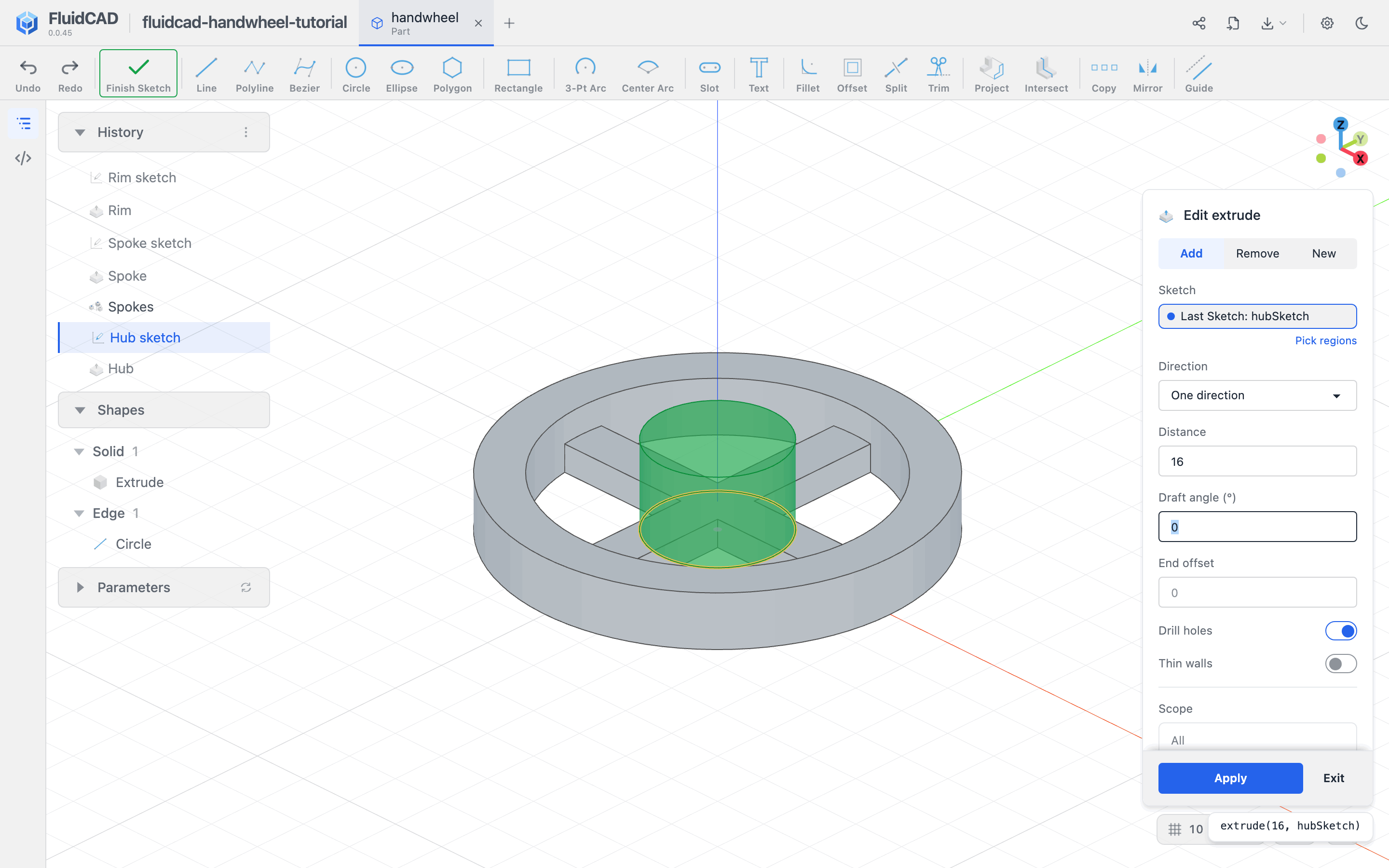 The hub's 16 mm extrusion preview