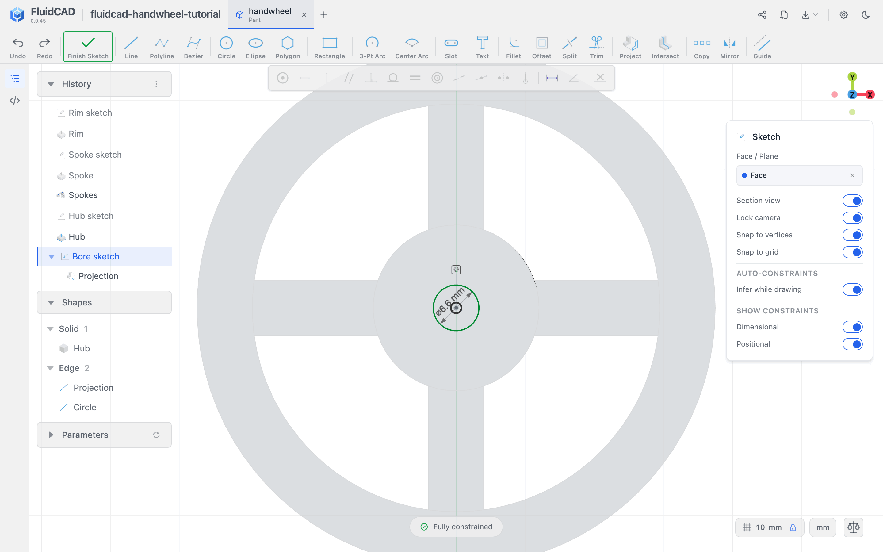 The bore circle constrained to the projected hub edge