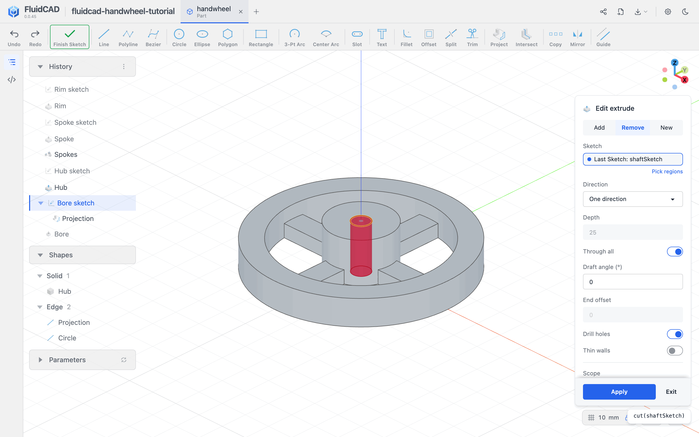 Extrude in Remove mode with Through all enabled for the bolt bore