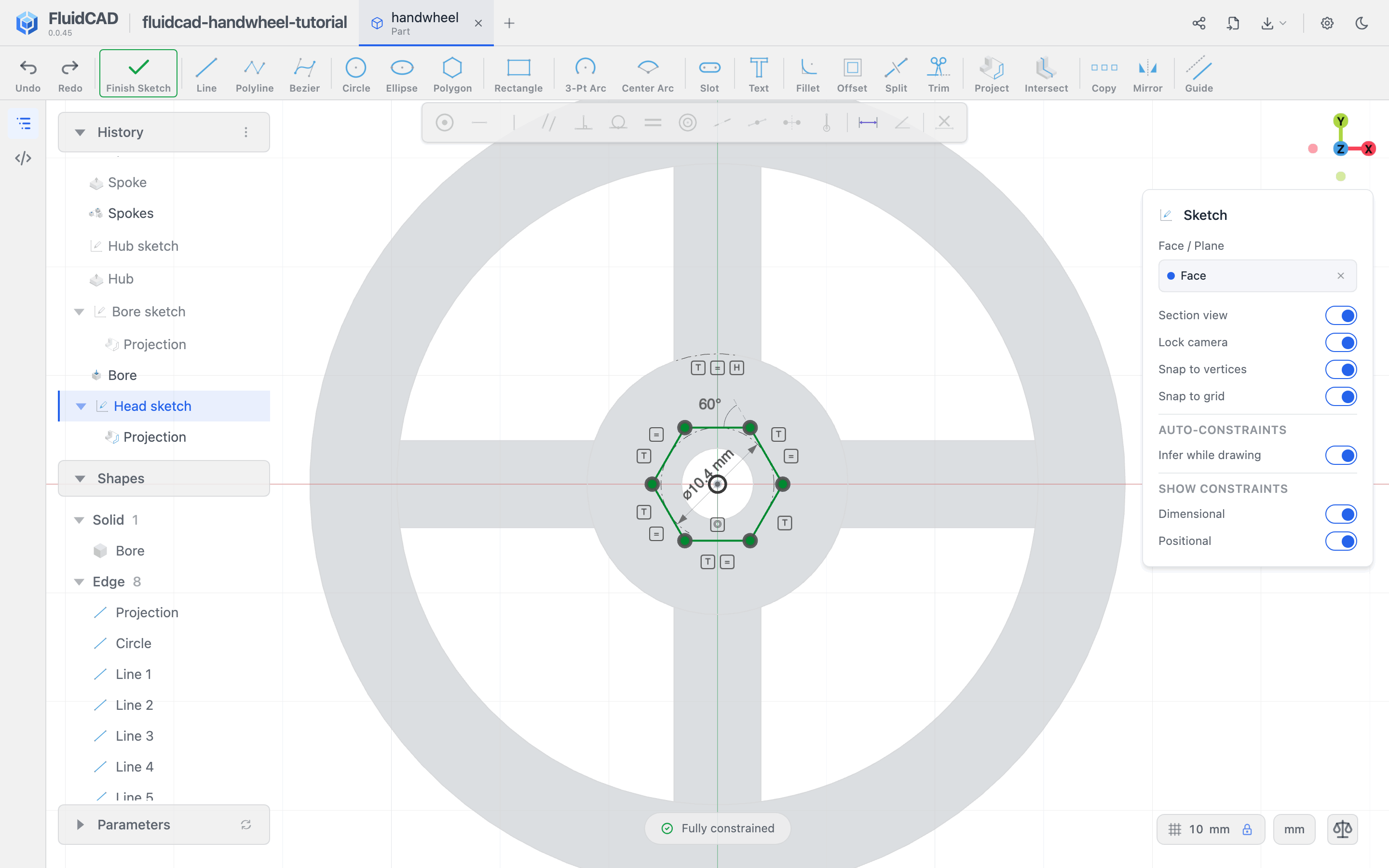 A fully constrained six-sided polygon with a 10.4 mm guide circle inside the hub