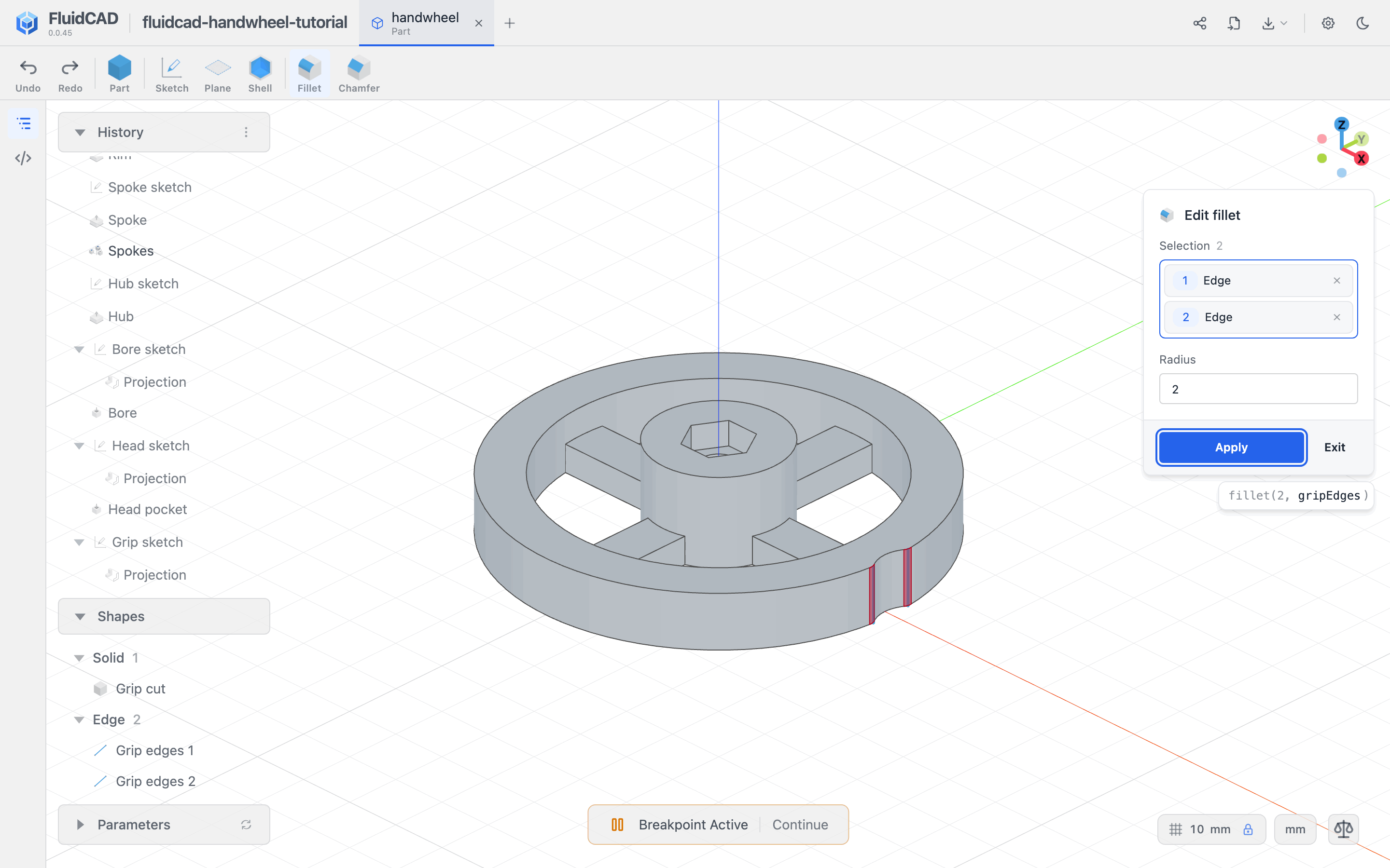 Fillet dialog with the grip cut's two vertical edges selected and a 2 mm radius