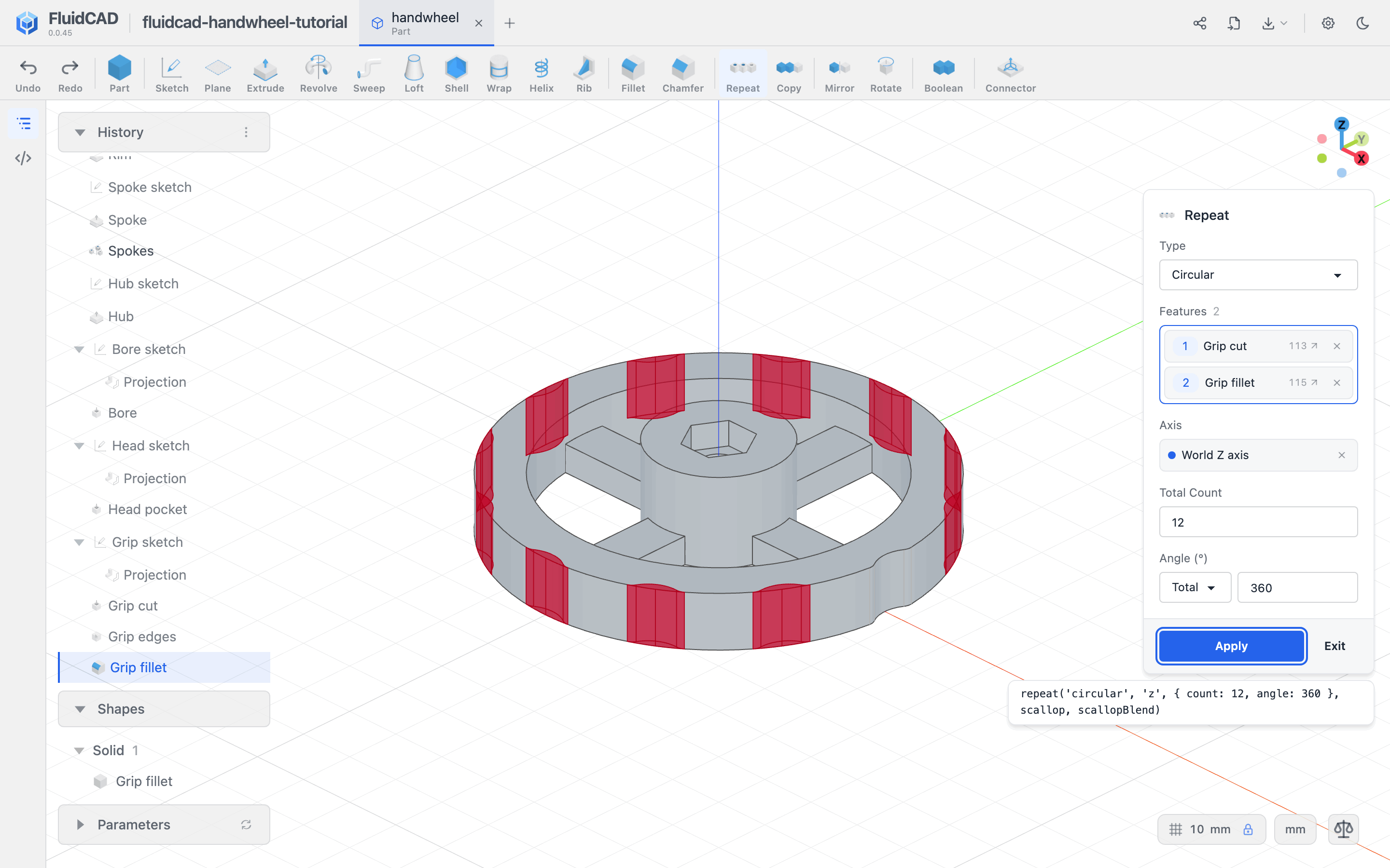 Circular Repeat with both Grip cut and Grip fillet selected, making twelve total grips