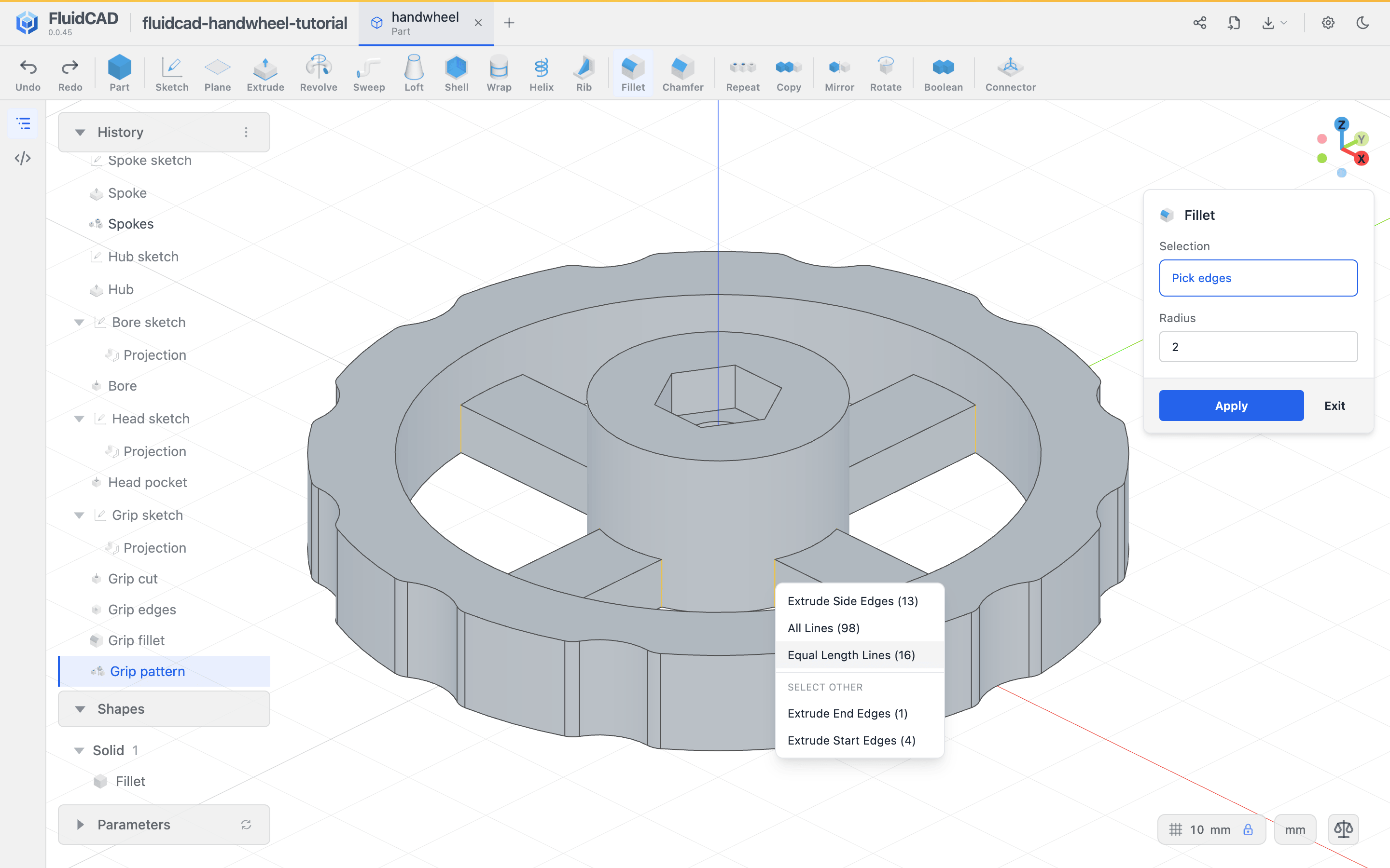 Right-clicking a spoke junction edge in the Fillet dialog and choosing Equal Length Lines (16)