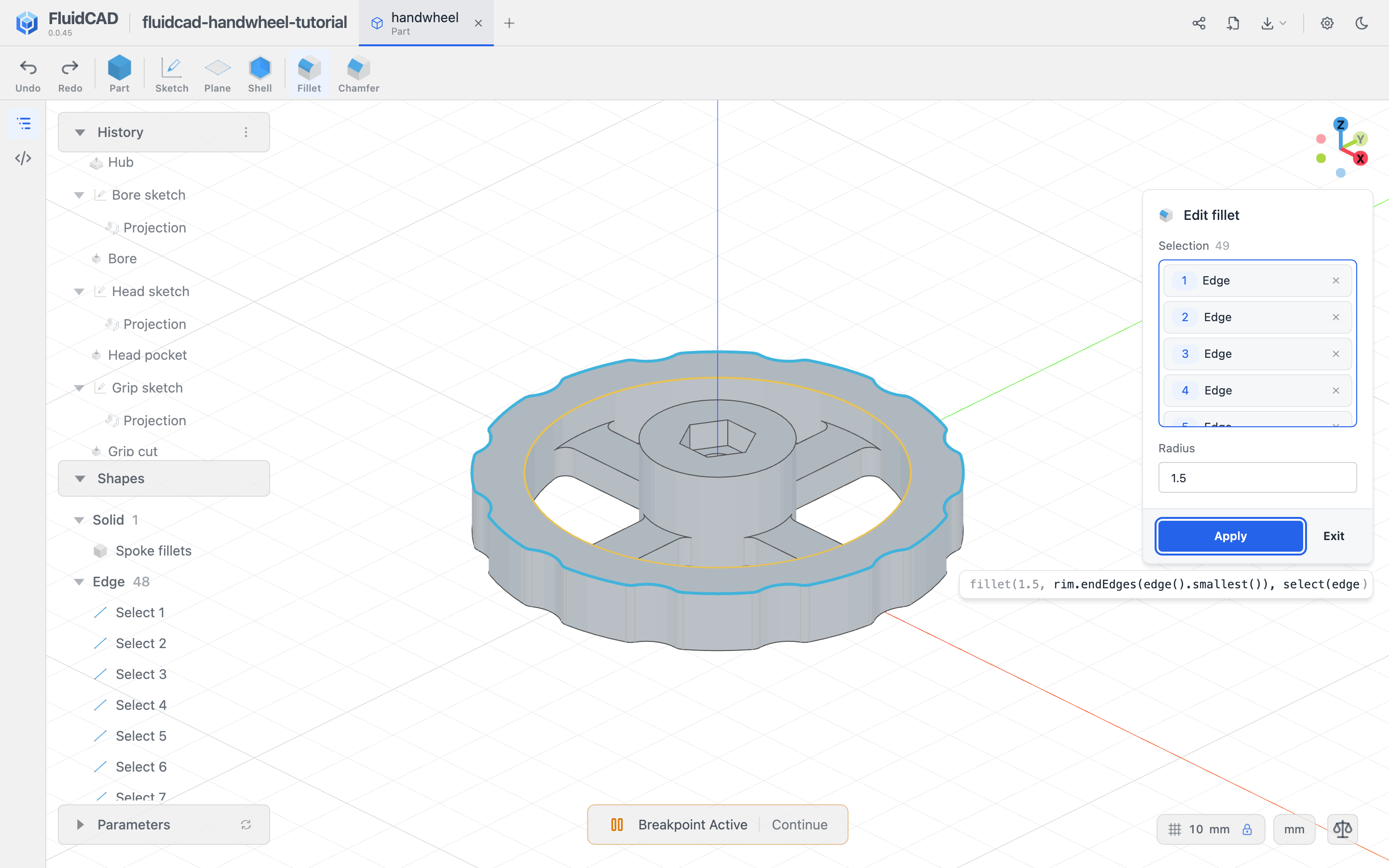 A continuous 1.5 mm fillet preview around the rim's upper inner and outer edges