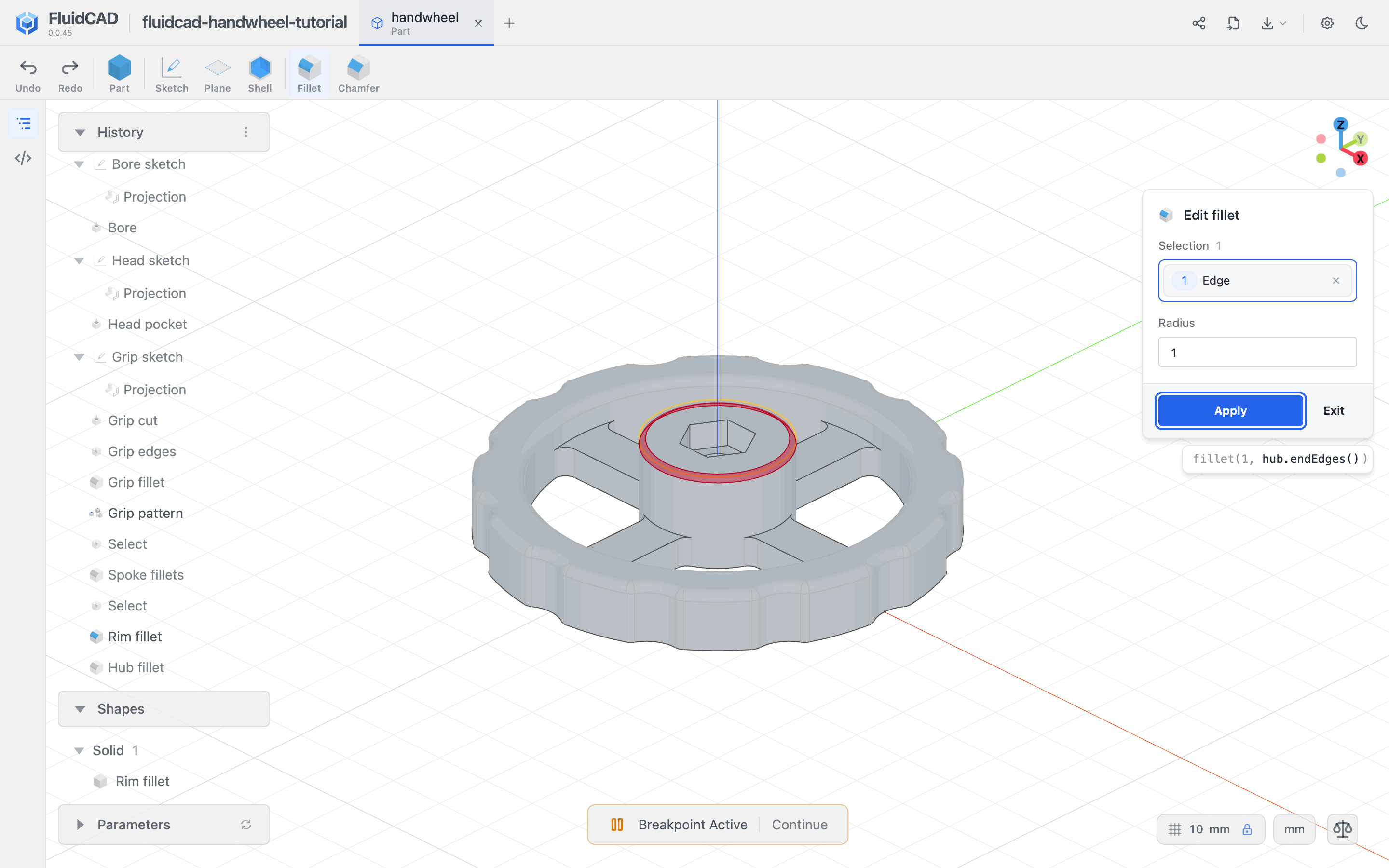 The hub's outer top edge selected for a 1 mm fillet