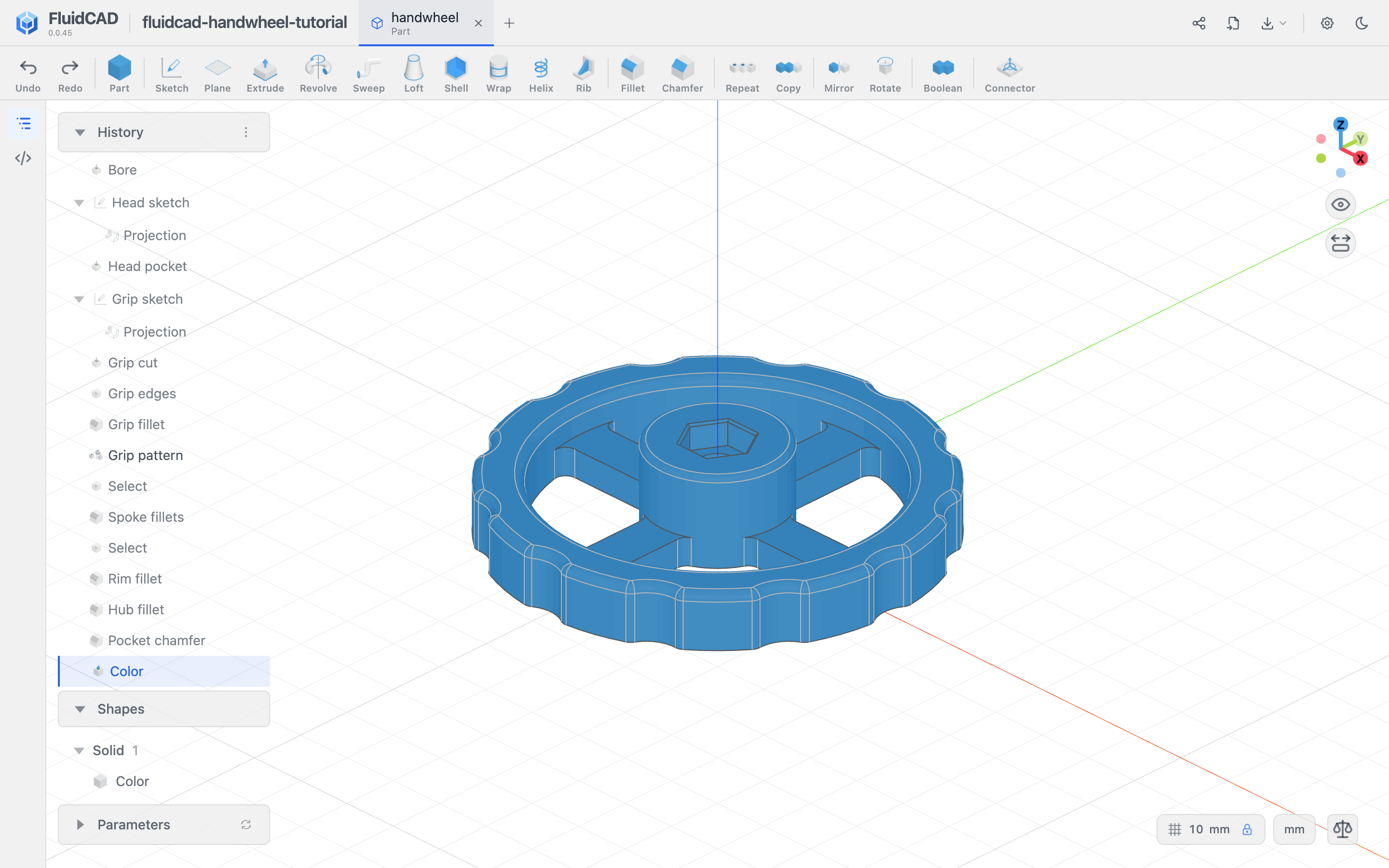 The finished handwheel in the full FluidCAD workspace
