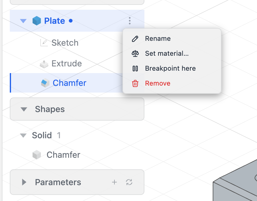 A part row's menu, opened from its ⋮ button