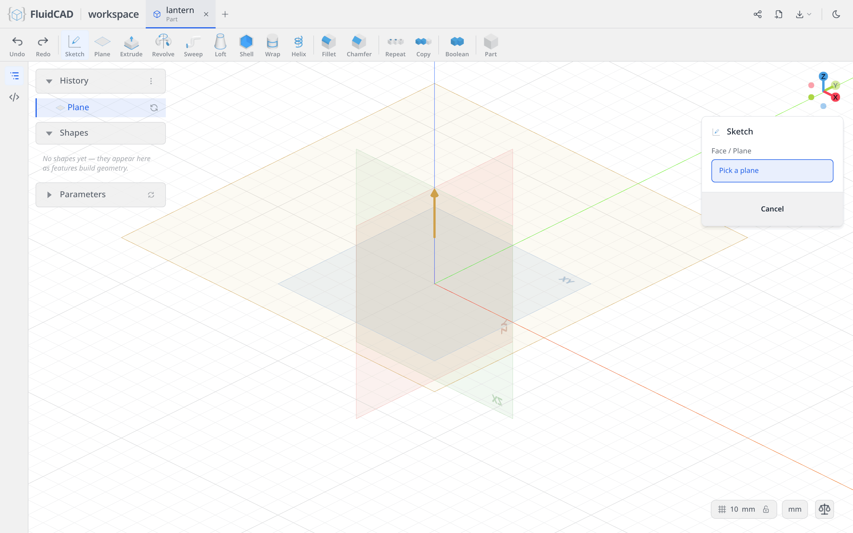 Sketch tool armed, the new plane offered alongside the origin planes