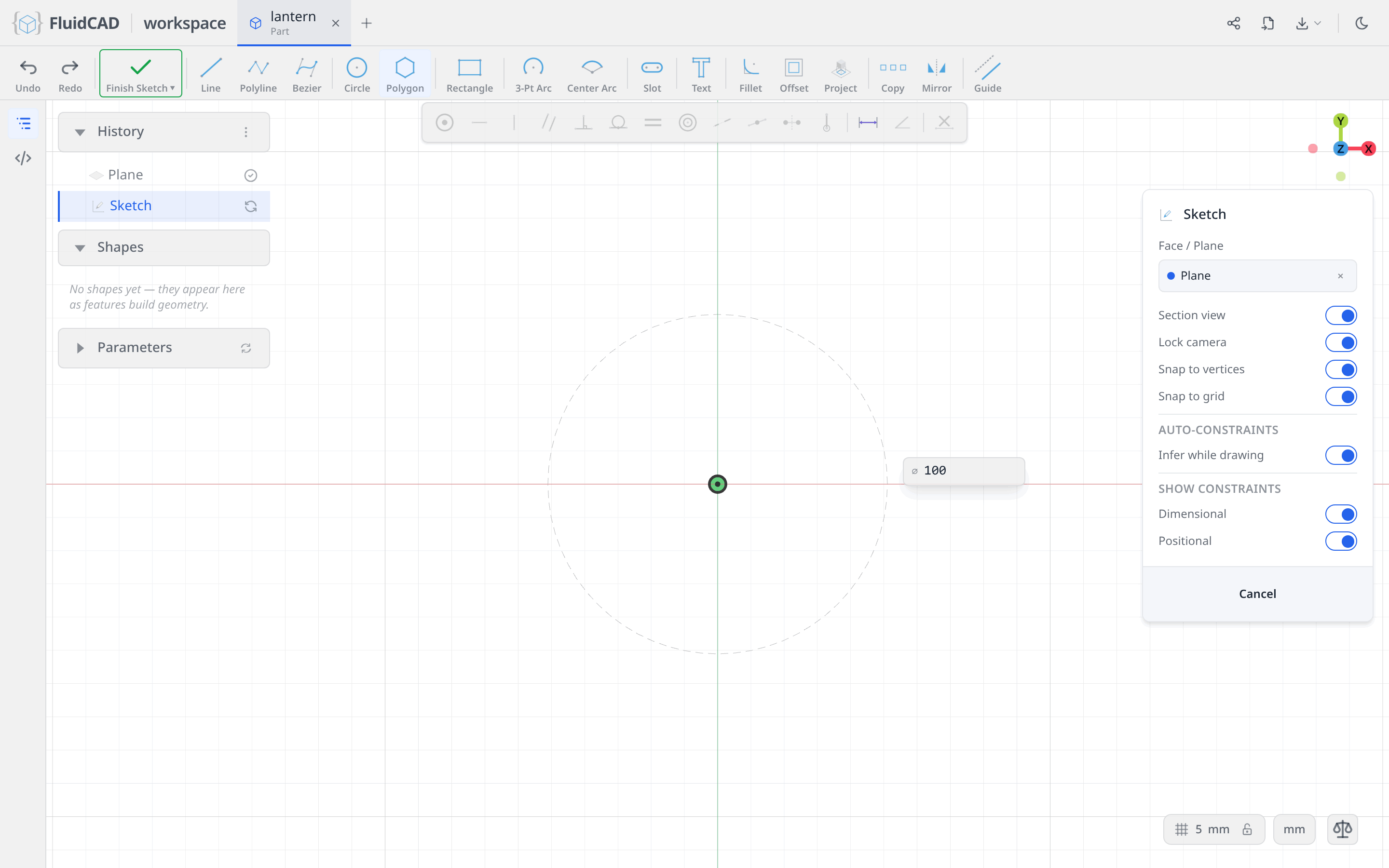 Polygon tool: the diameter is typed, the guide circle previews it