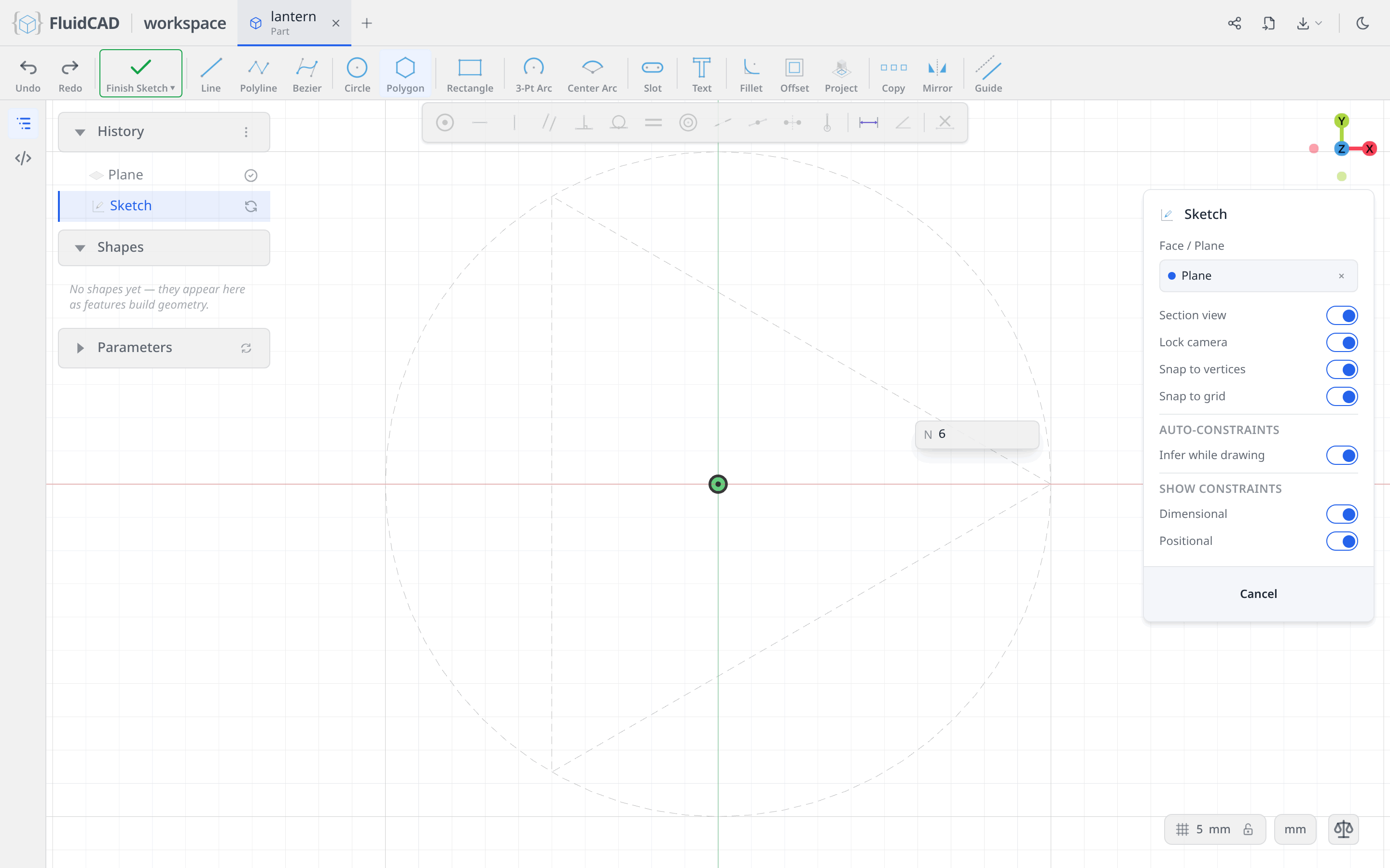 Polygon tool: six sides, inscribed in the ⌀100 guide circle
