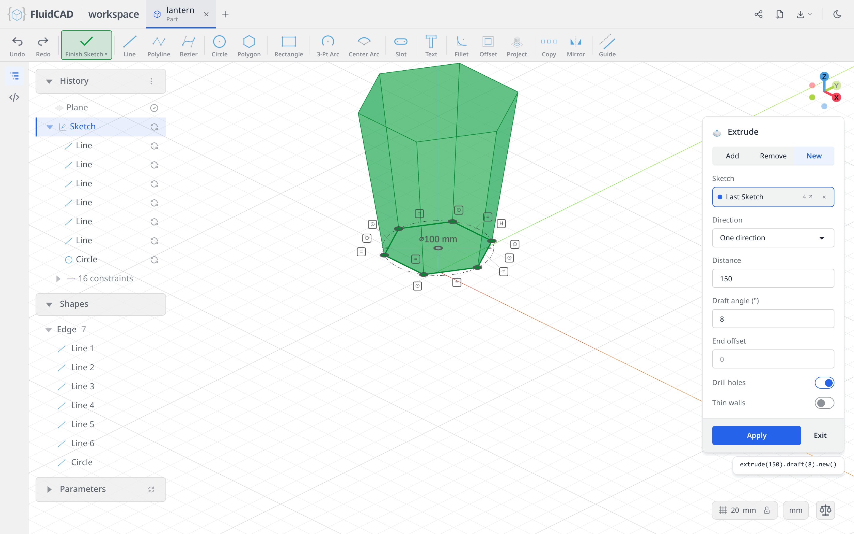 Extrude dialog with the drafted 150 mm ghost preview