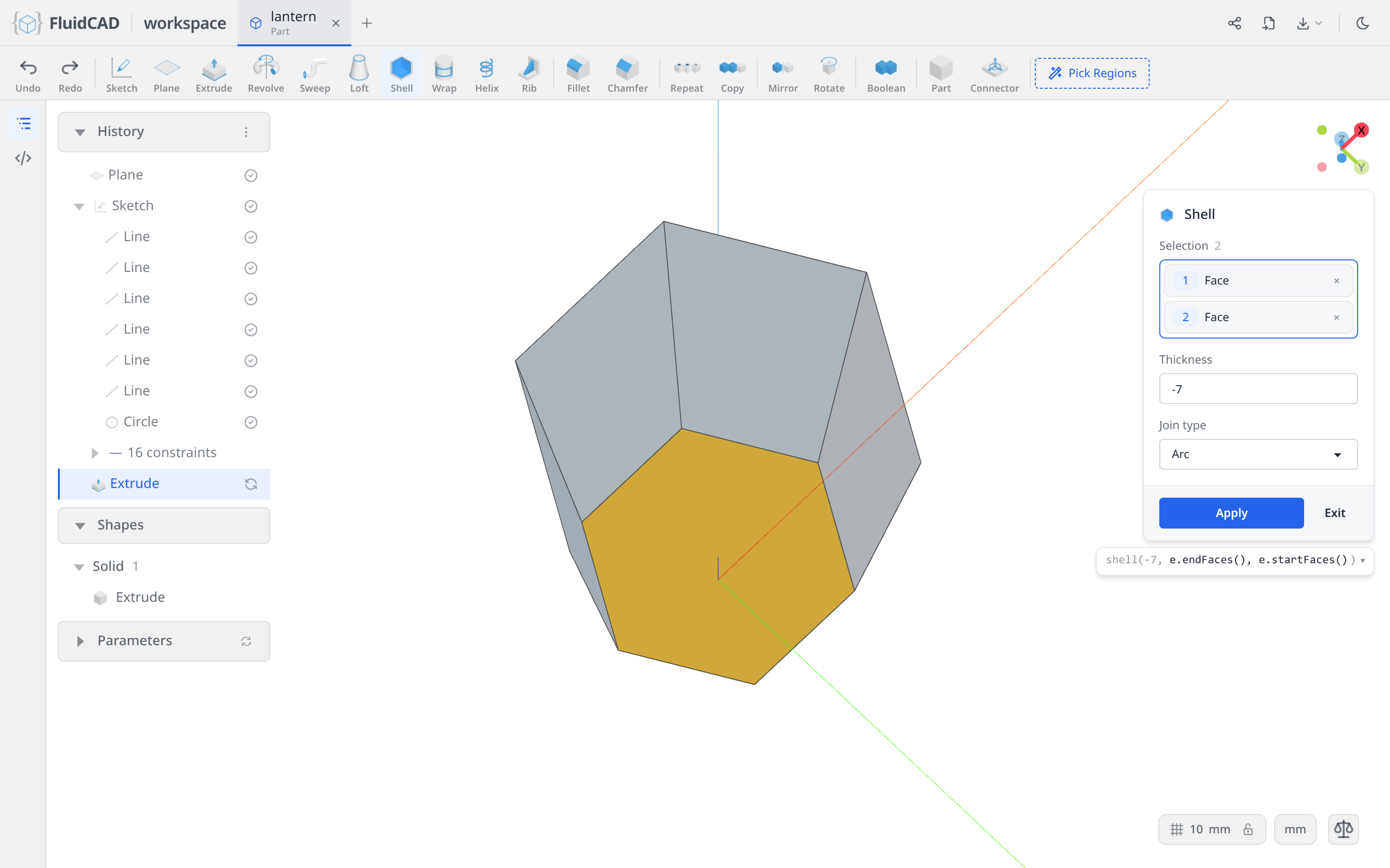 Shell dialog with the top and bottom faces picked and a −7 wall