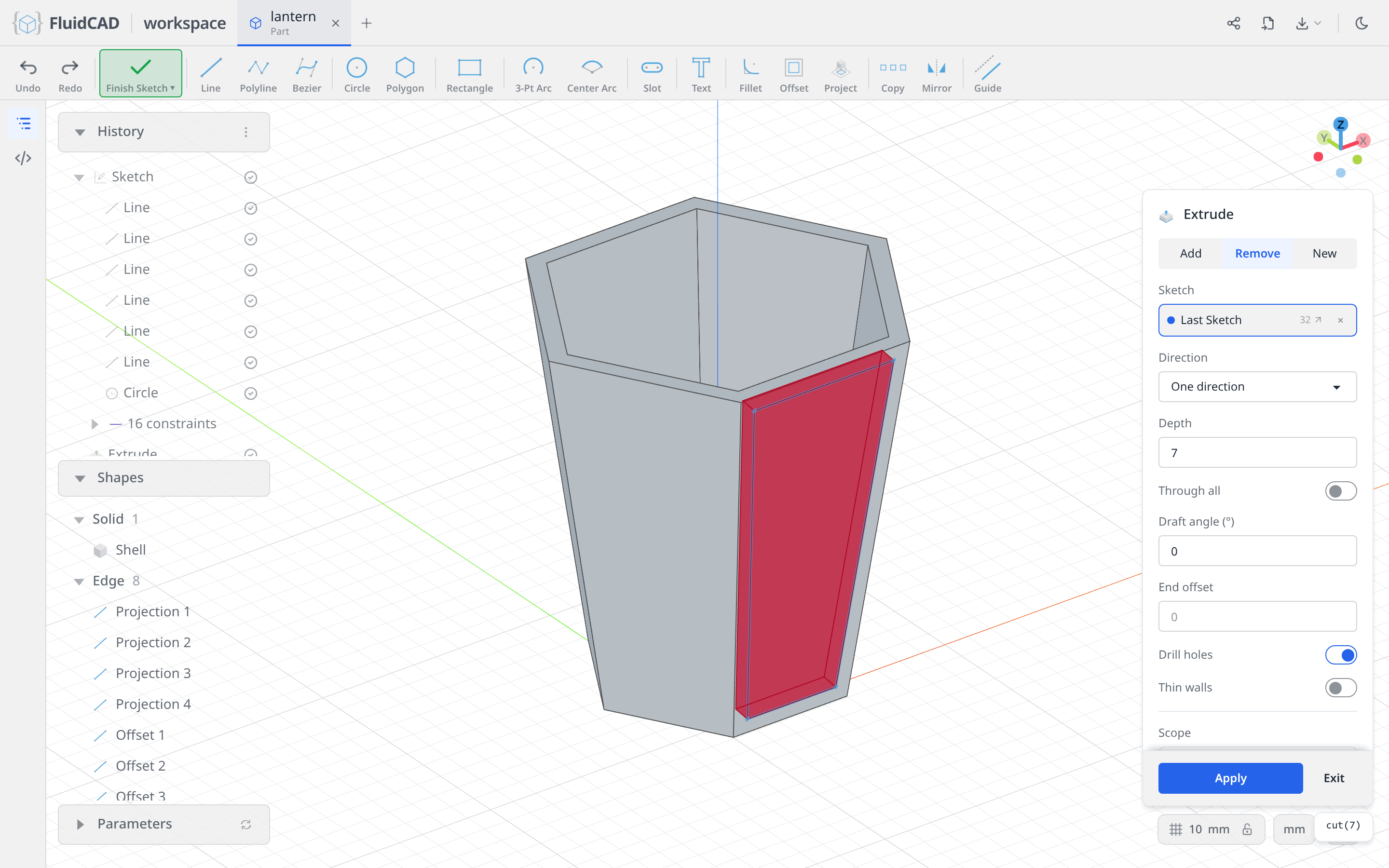 Extrude dialog on the Remove tab, red ghost through the wall