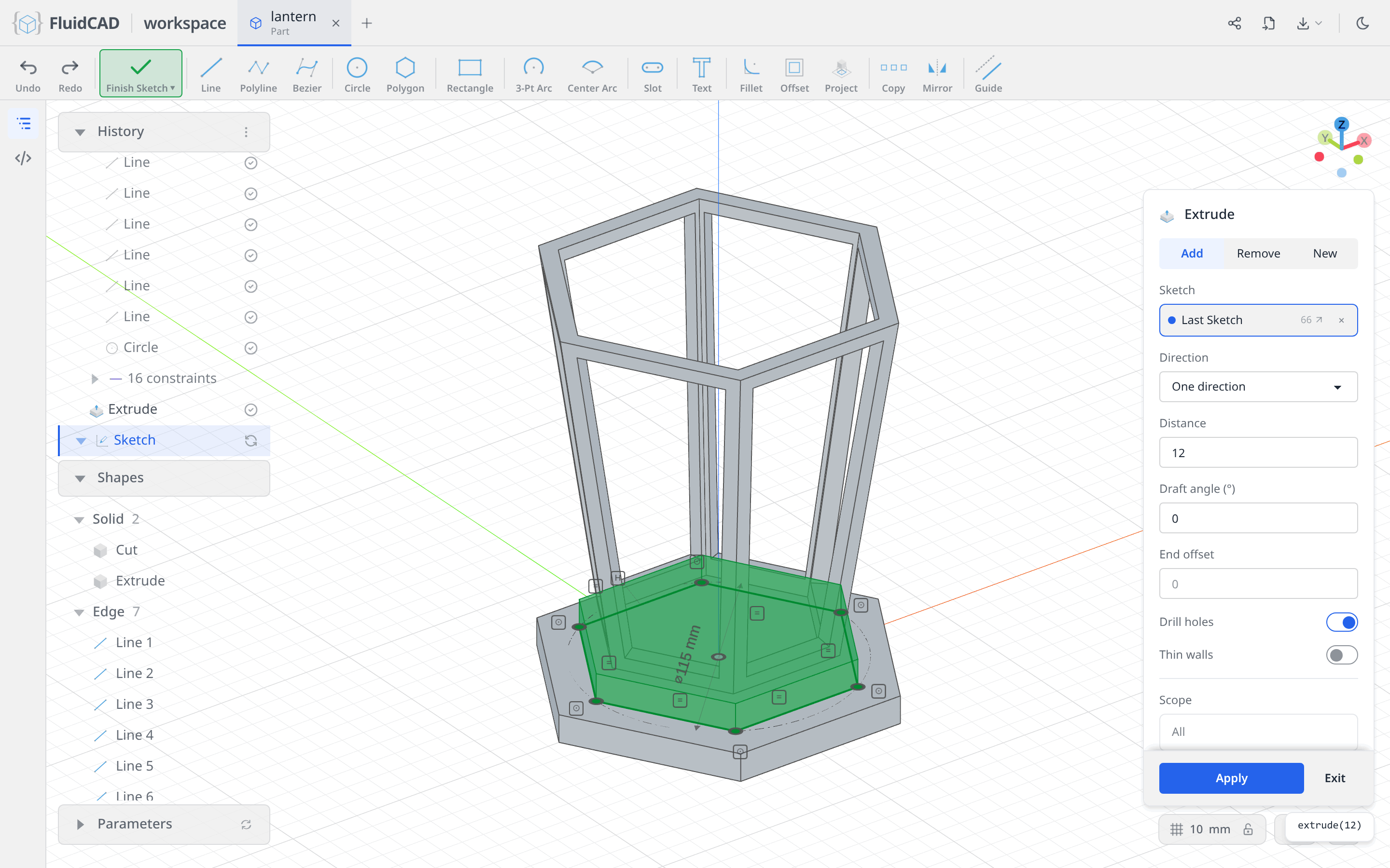 Extrude dialog with the upper tier's ghost on the slab