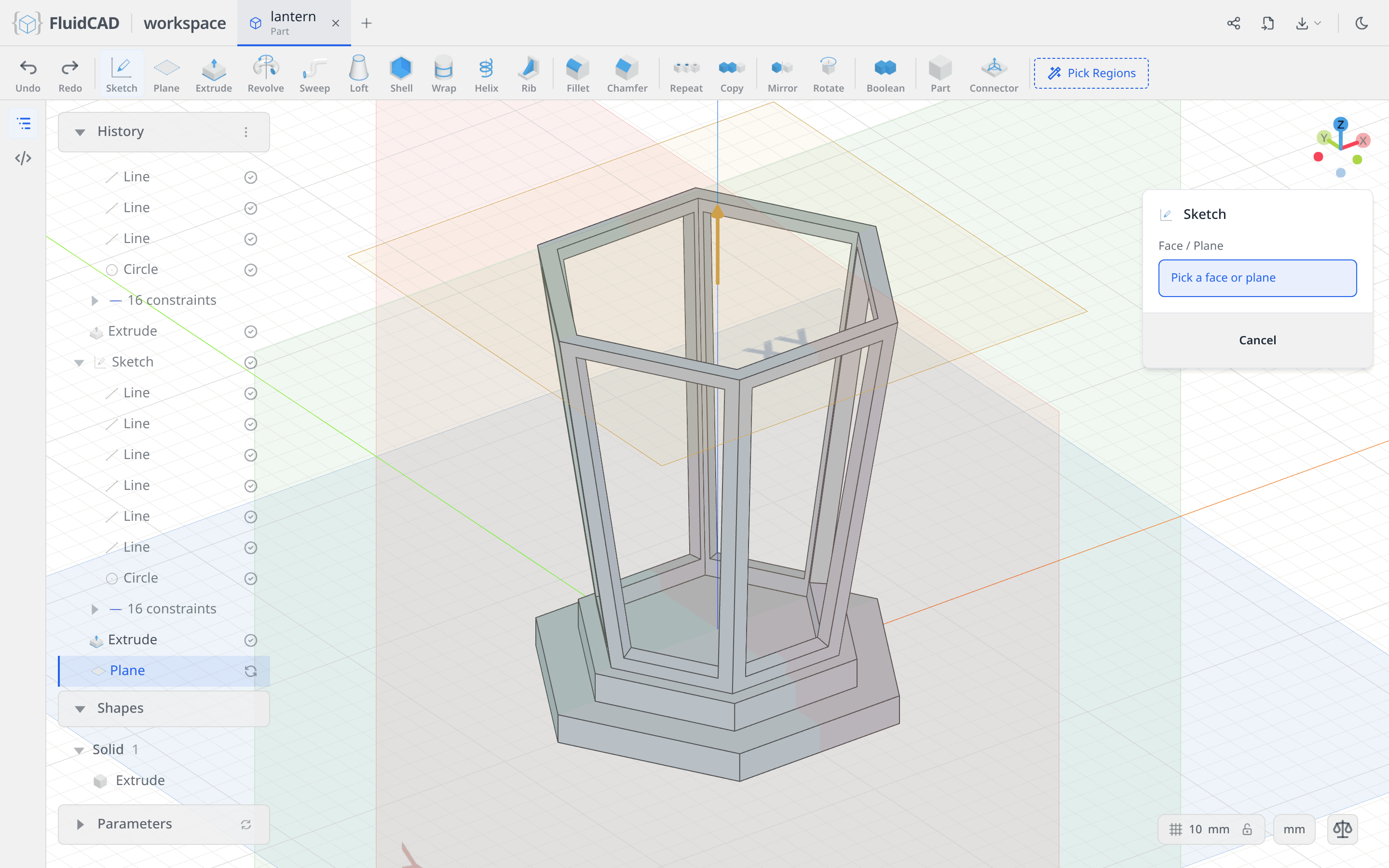 Sketch tool armed on the plane 174 mm up