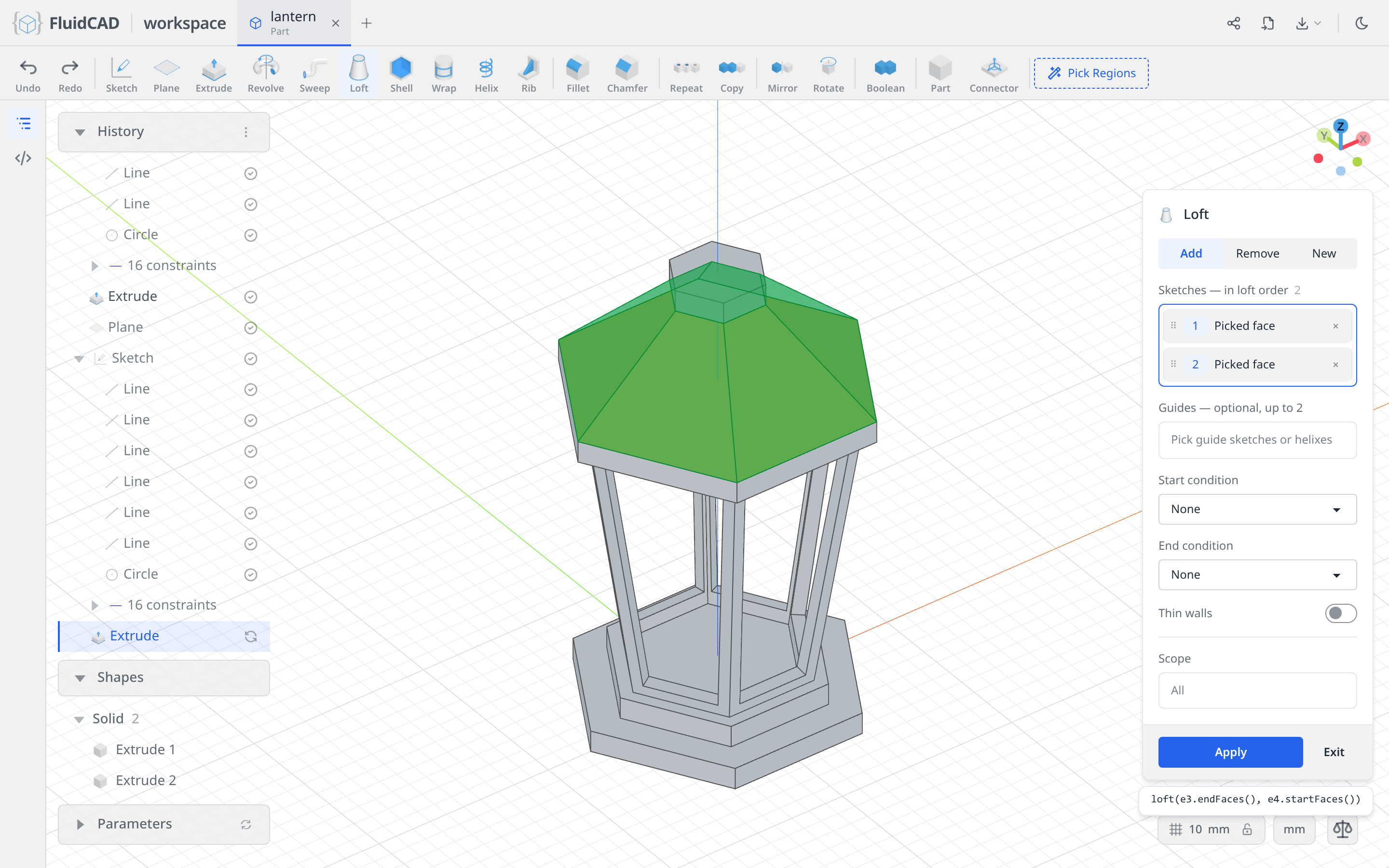 Loft dialog with the cap top and the tip bottom picked, roof ghosted green
