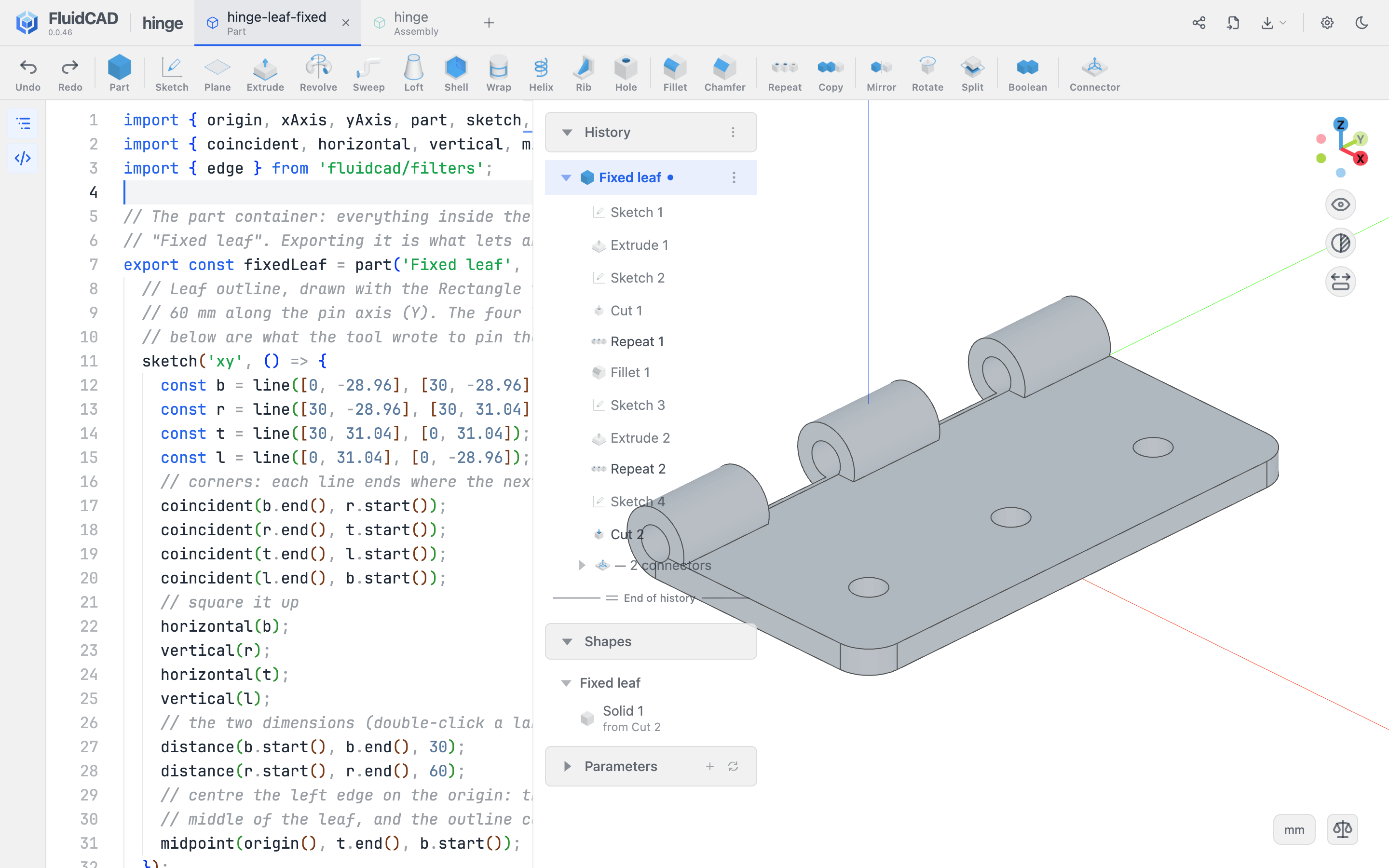 The workspace with the code editor open
